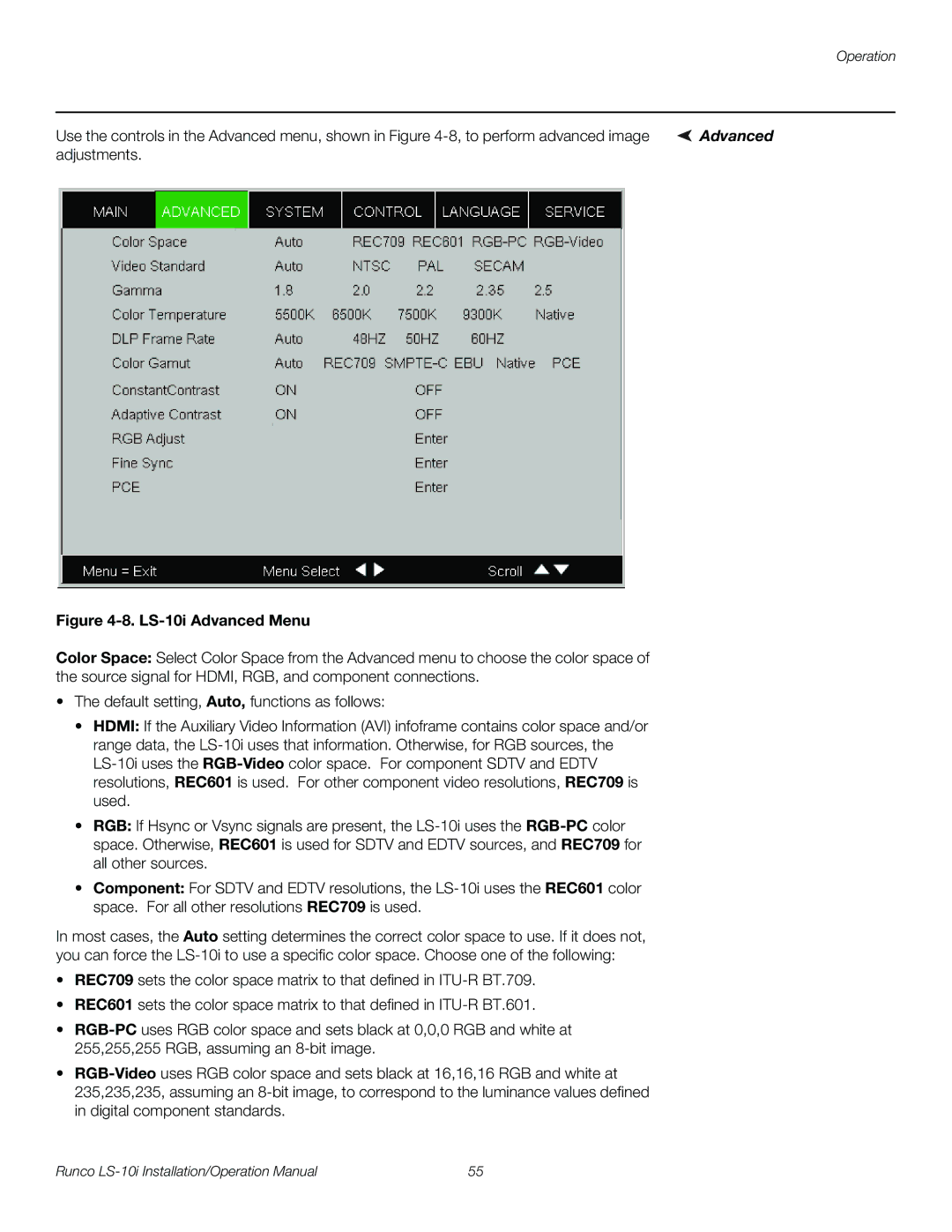 Runco LS-10I operation manual LS-10i Advanced Menu 