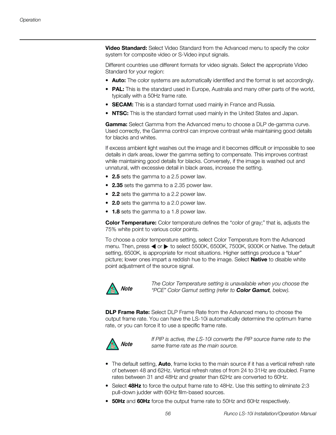 Runco LS-10I operation manual PCE Color Gamut setting refer to Color Gamut, below 