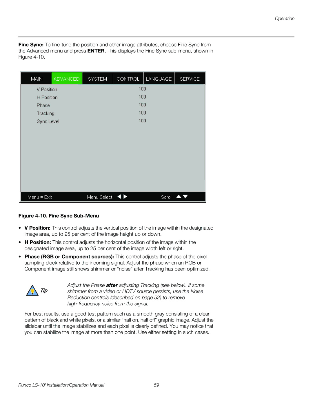 Runco LS-10I operation manual Fine Sync Sub-Menu 