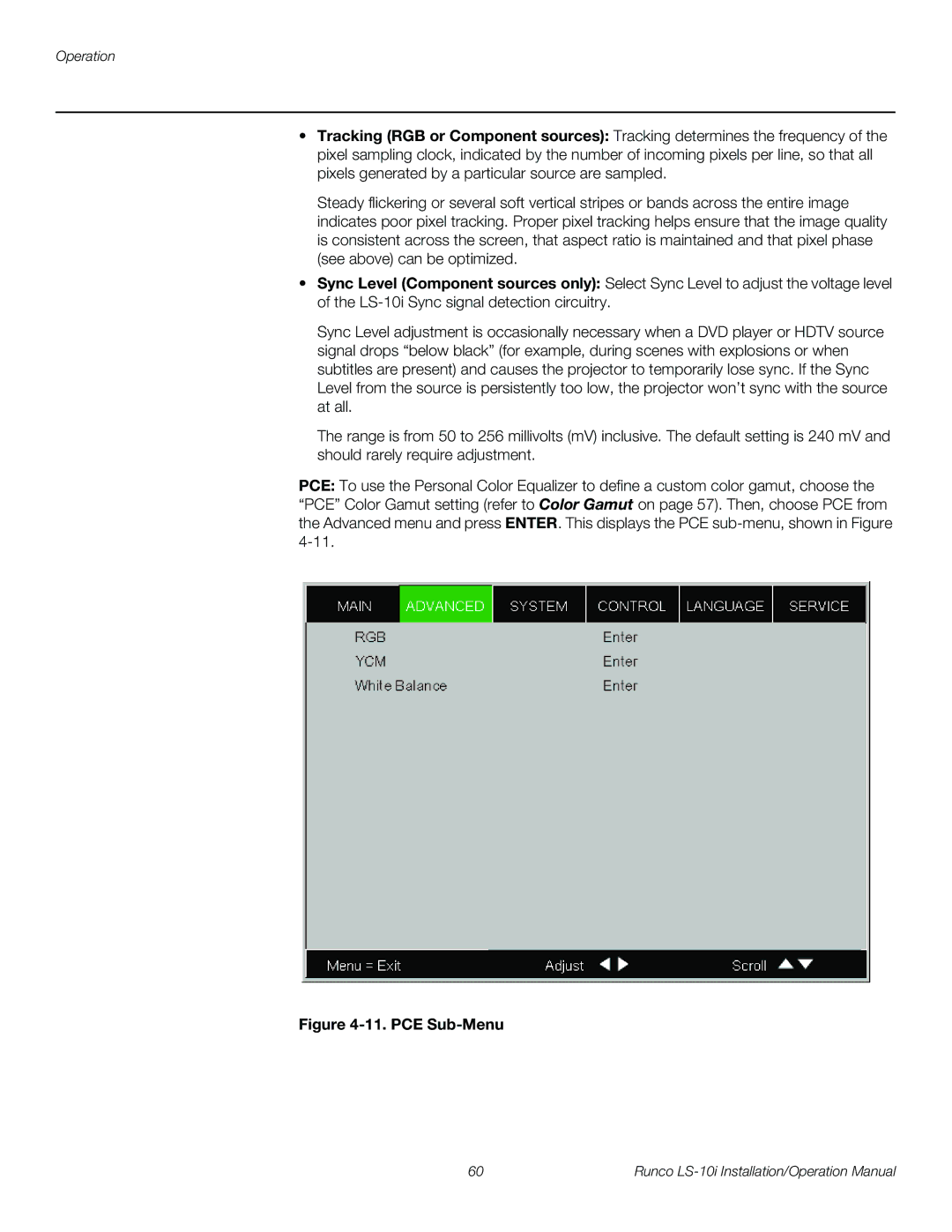 Runco LS-10I operation manual PCE Sub-Menu 