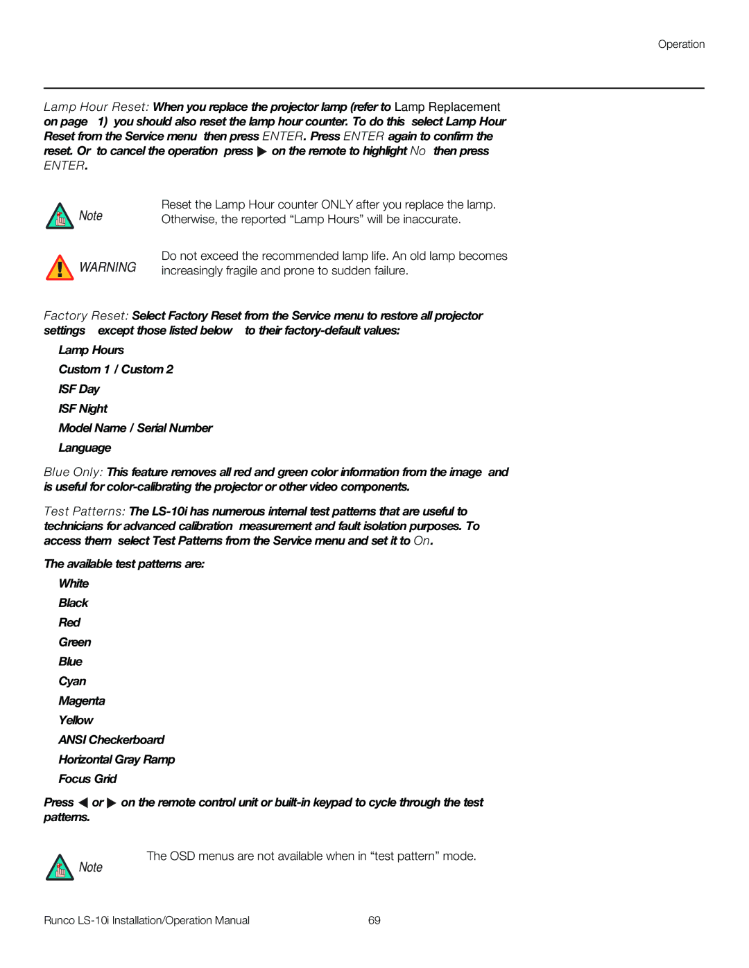 Runco LS-10I operation manual OSD menus are not available when in test pattern mode 