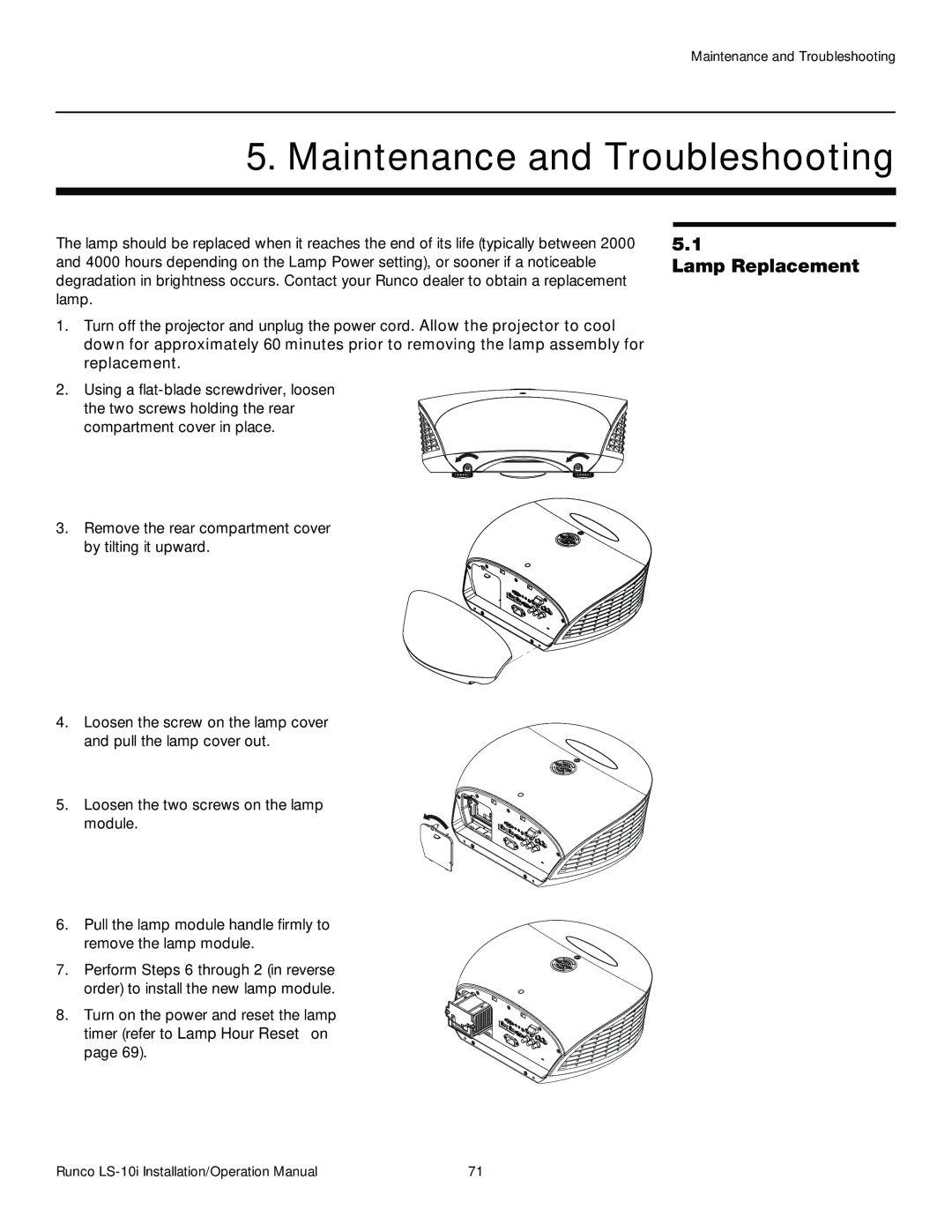 Runco LS-10I operation manual Maintenance and Troubleshooting, Lamp Replacement 