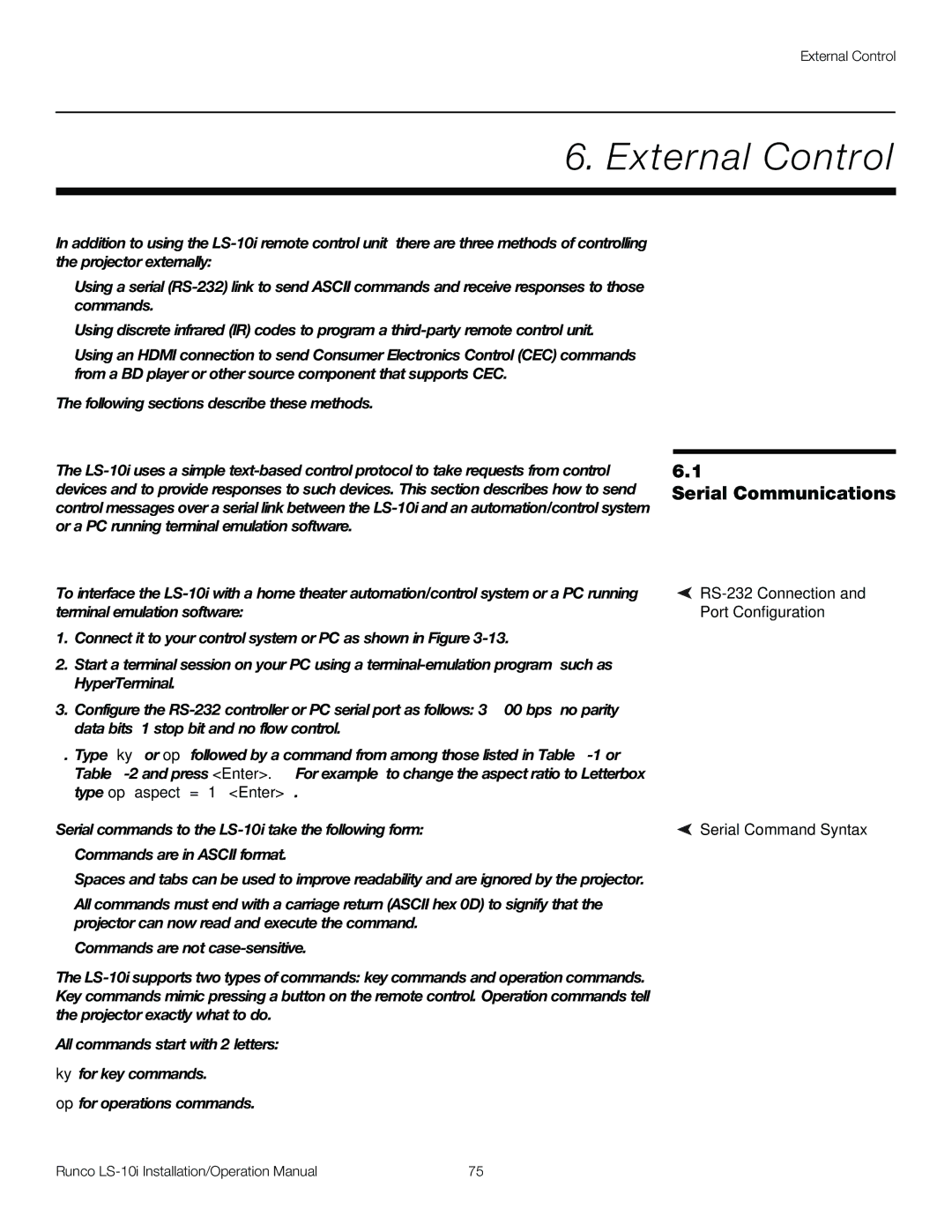 Runco LS-10I External Control, Serial Communications, RS-232 Connection Port Configuration Serial Command Syntax 