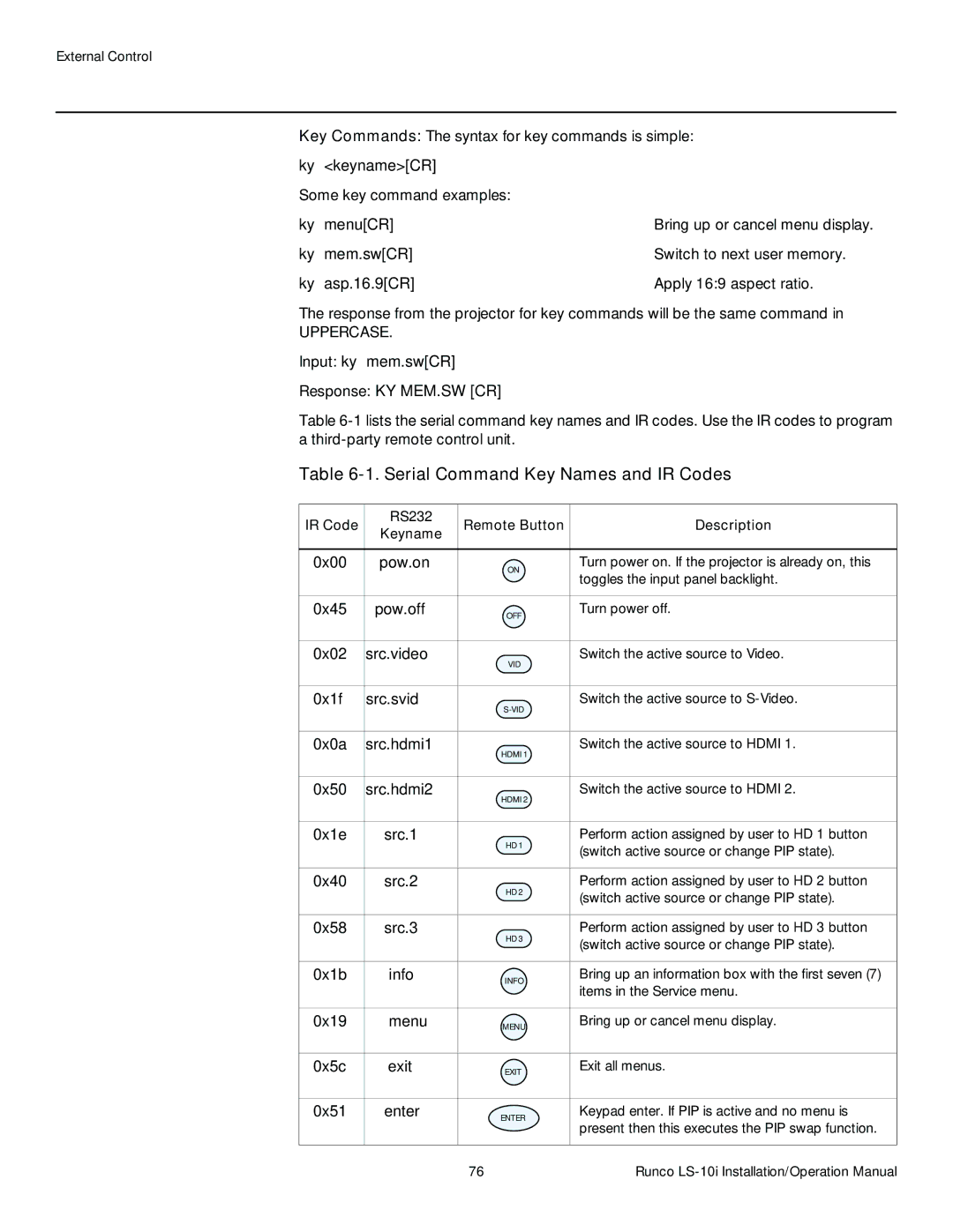 Runco LS-10I operation manual Serial Command Key Names and IR Codes, Some key command examples, Switch to next user memory 