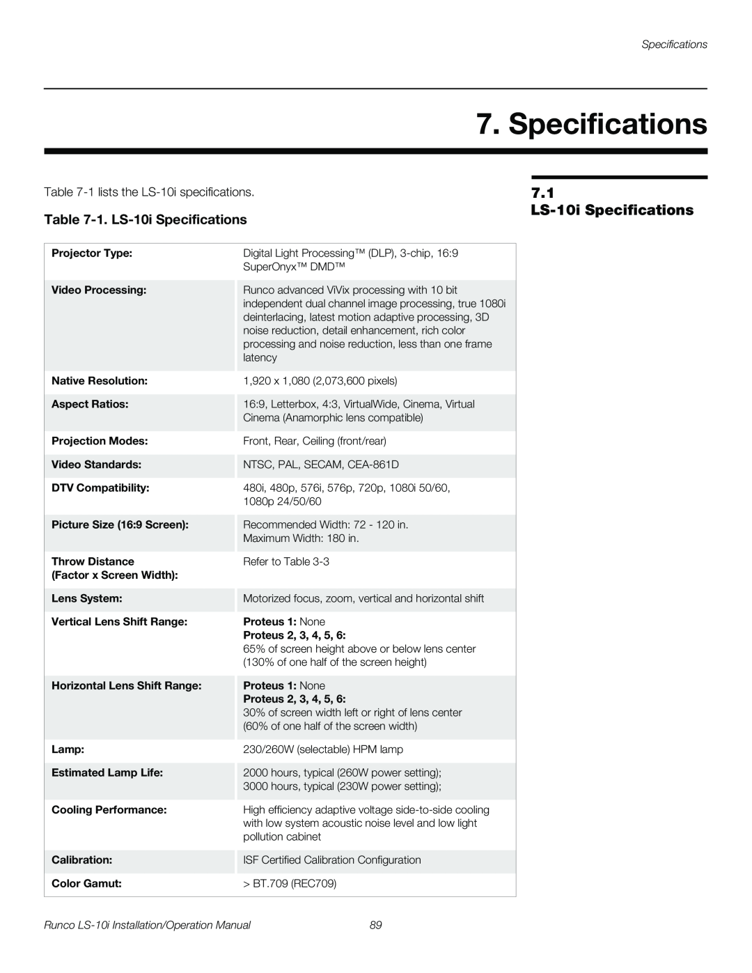 Runco LS-10I operation manual 1. LS-10iSpecifications, Runco LS-10iInstallation/Operation Manual 