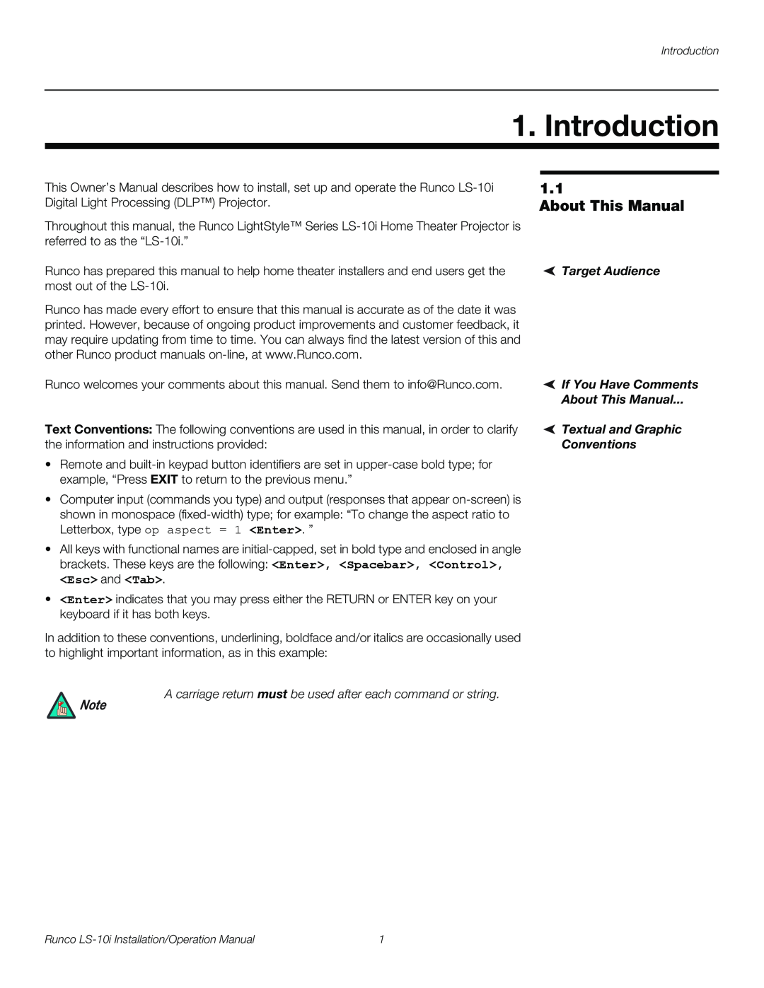 Runco LS-10I Introduction, About This Manual, Target Audience, If You Have Comments, Textual and Graphic, Conventions 