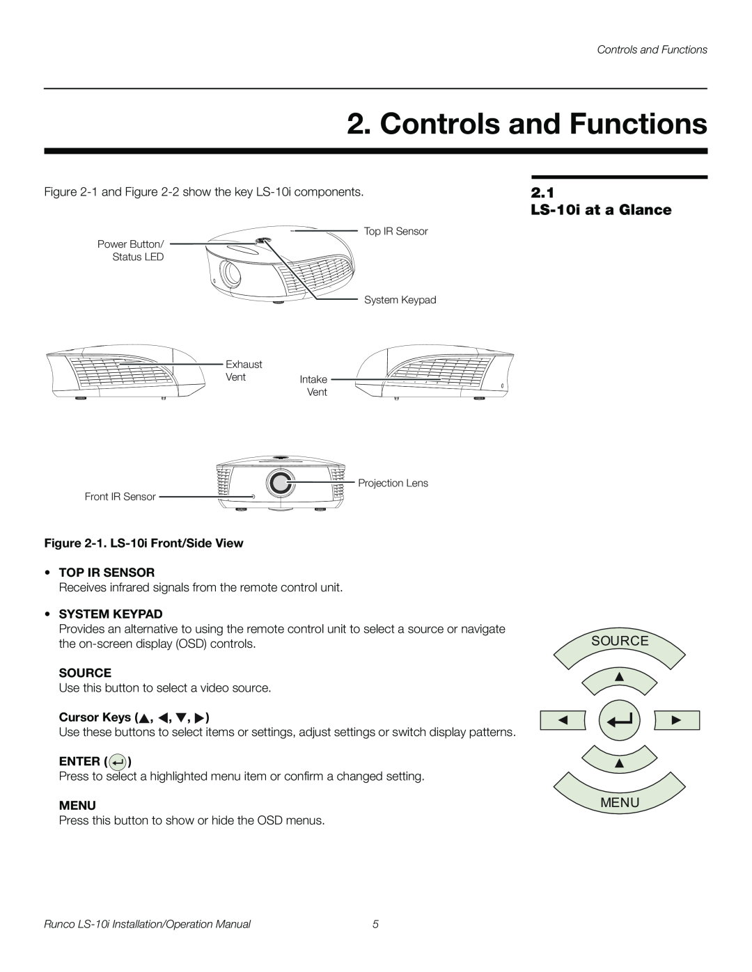 Runco LS-10I Controls and Functions, 2.1 LS-10iat a Glance, Source, Menu, 1. LS-10iFront/Side View •TOP IR SENSOR, Enter 