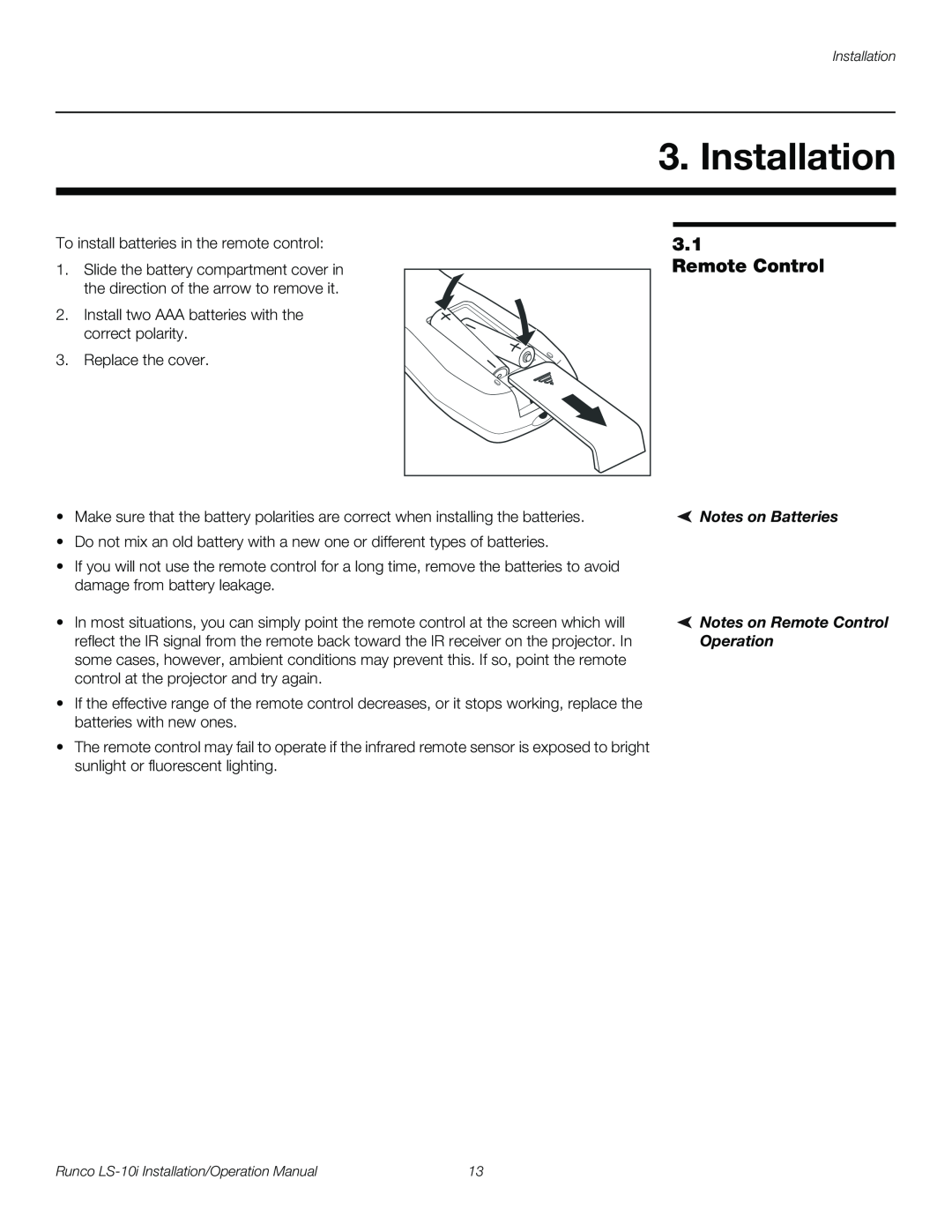Runco LS-10I operation manual Installation, Notes on Batteries, Notes on Remote Control Operation 