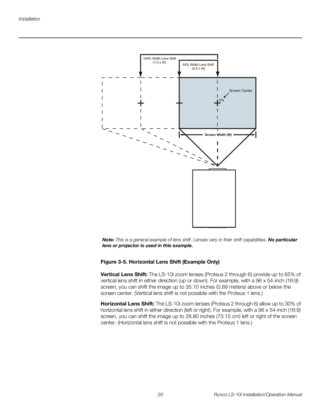 Runco LS-10I operation manual 5.Horizontal Lens Shift Example Only, Installation 