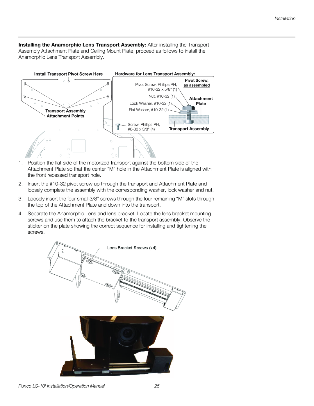Runco LS-10I operation manual Anamorphic Lens Transport Assembly 