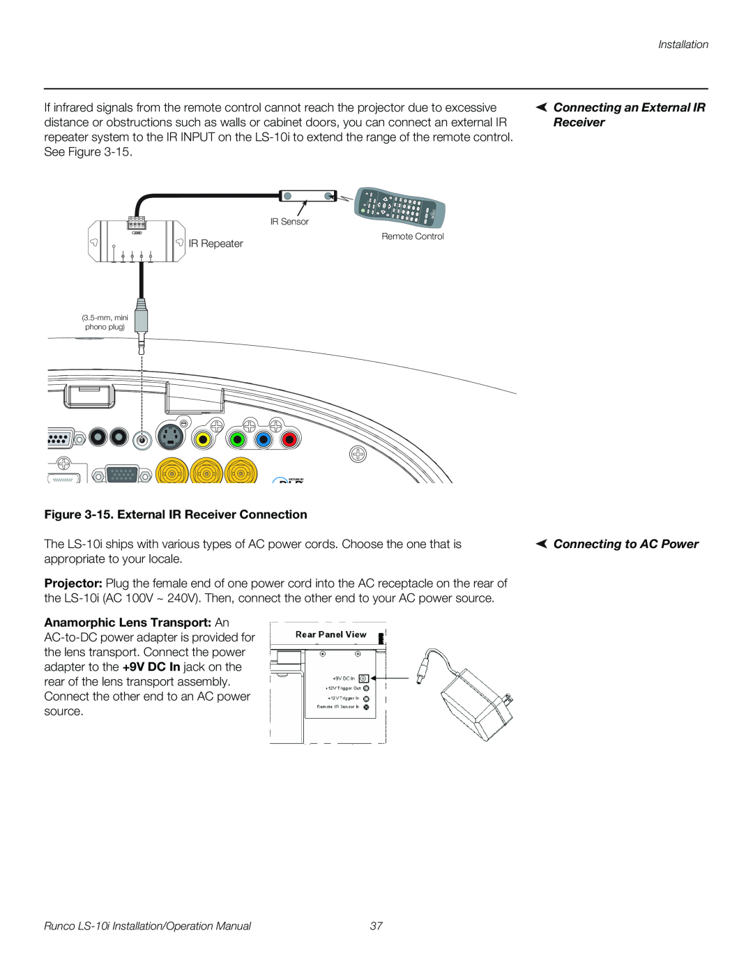 Runco LS-10I operation manual Connecting an External IR, 15.External IR Receiver Connection, Connecting to AC Power 