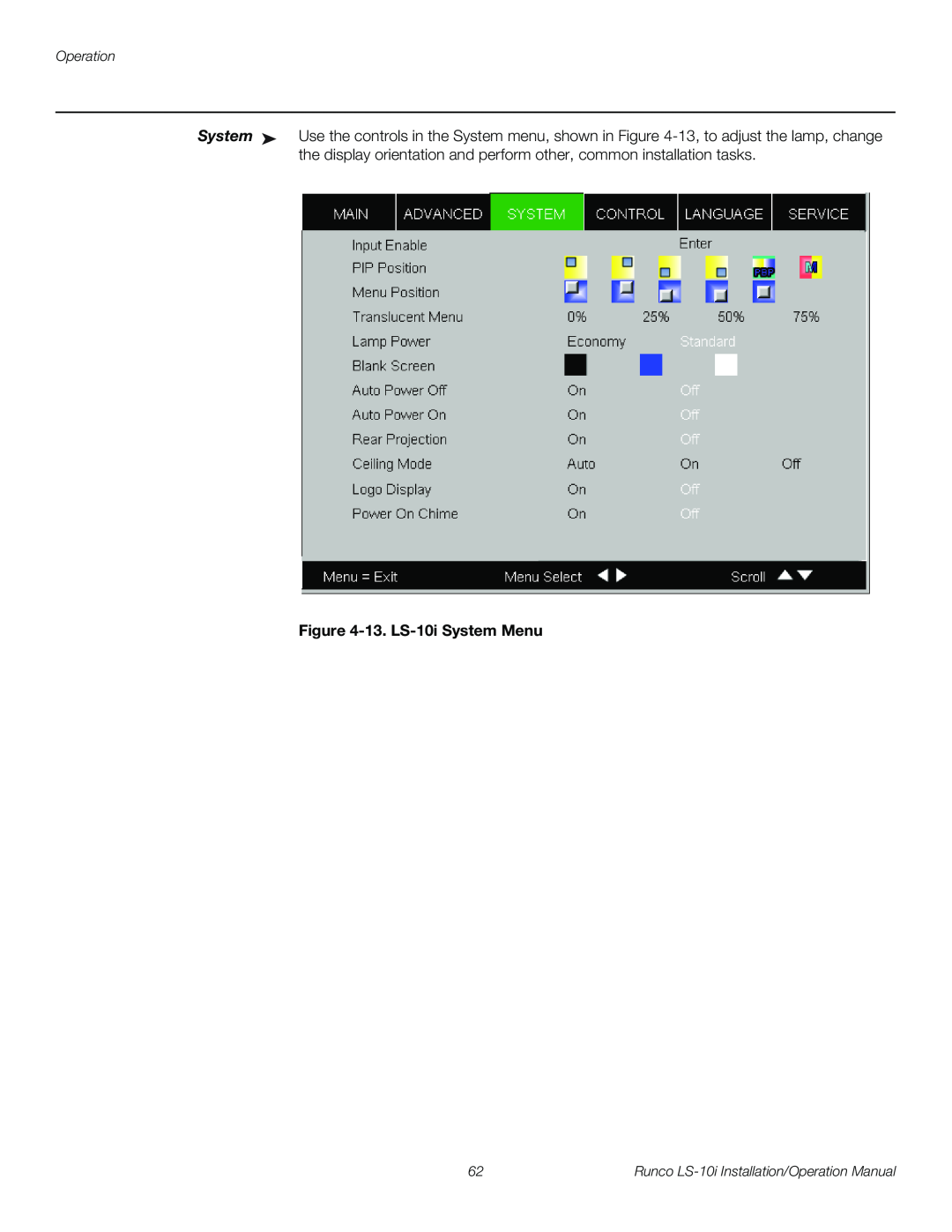 Runco LS-10I operation manual 13. LS-10i System Menu, Runco LS-10iInstallation/Operation Manual 