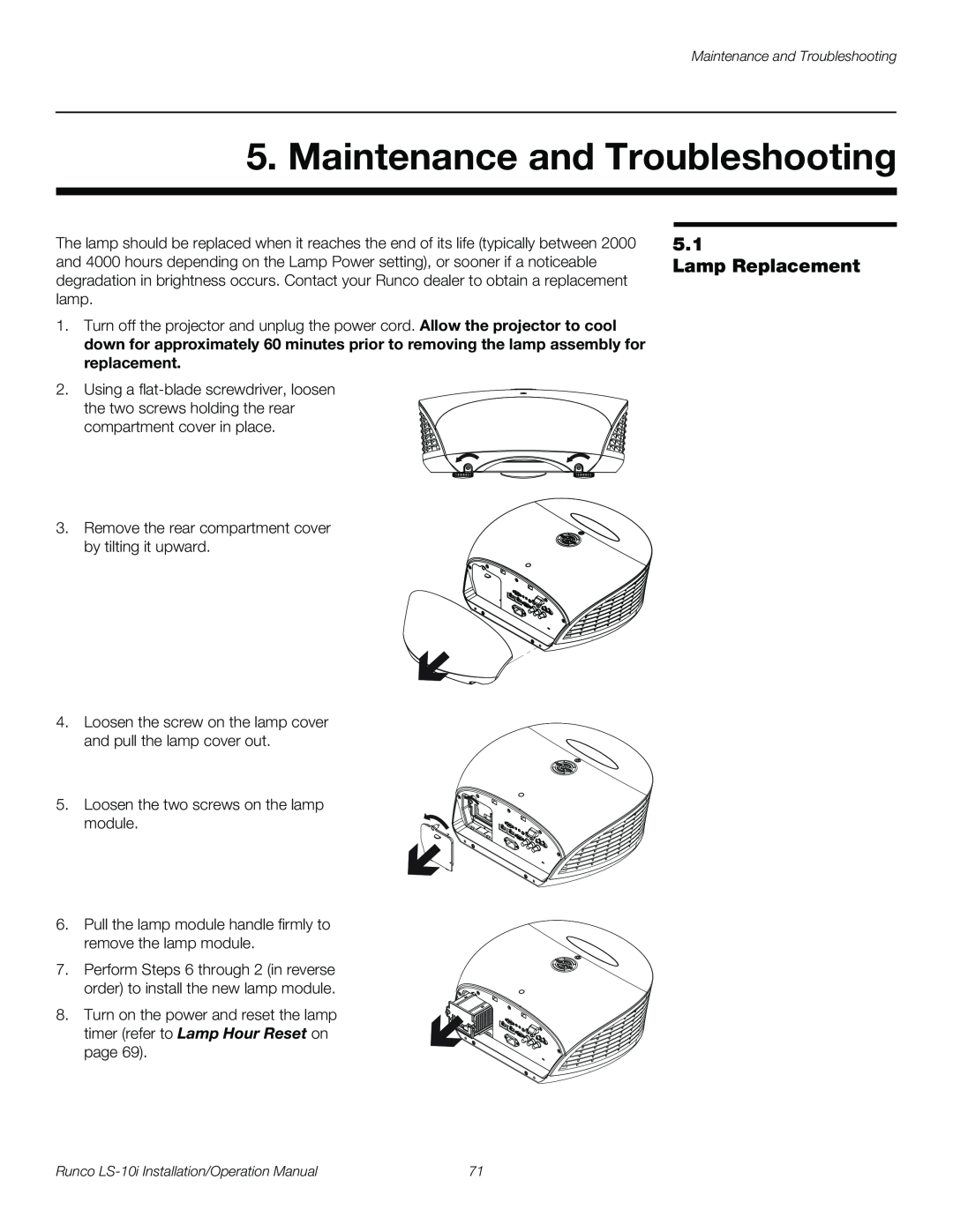 Runco LS-10I operation manual Maintenance and Troubleshooting, Lamp Replacement 