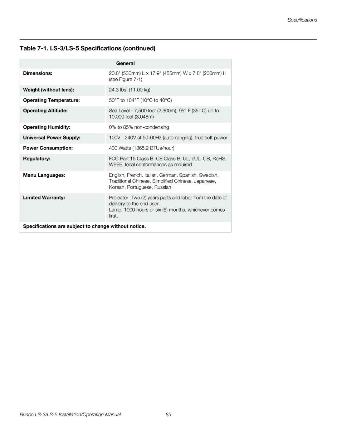 Runco LS-3, LS-5 General, Dimensions, Weight without lens, Operating Temperature, Operating Altitude, Operating Humidity 