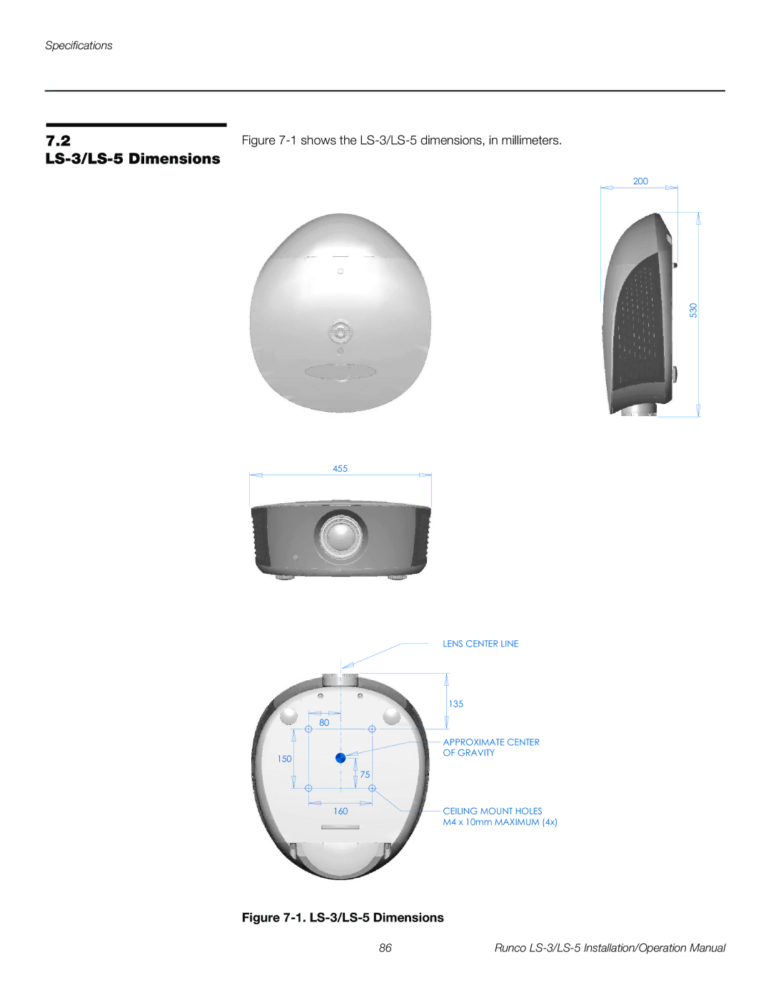 Runco operation manual LS-3/LS-5 Dimensions, 1shows the LS-3/LS-5 dimensions, in millimeters 