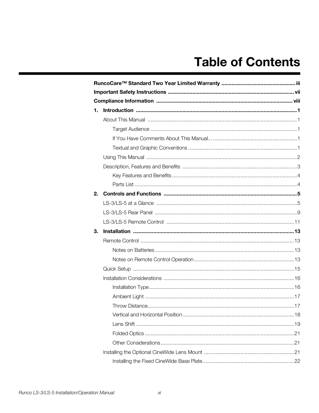 Runco LS-3, LS-5 operation manual Table of Contents 