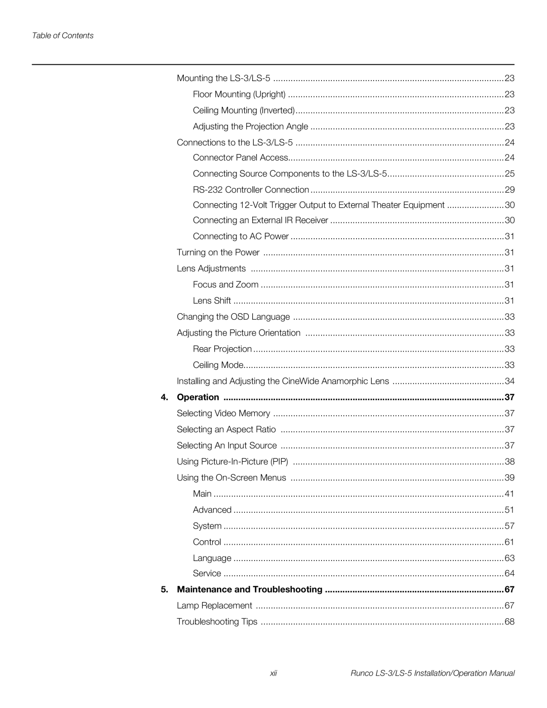 Runco LS-5, LS-3 operation manual Operation, Maintenance and Troubleshooting 