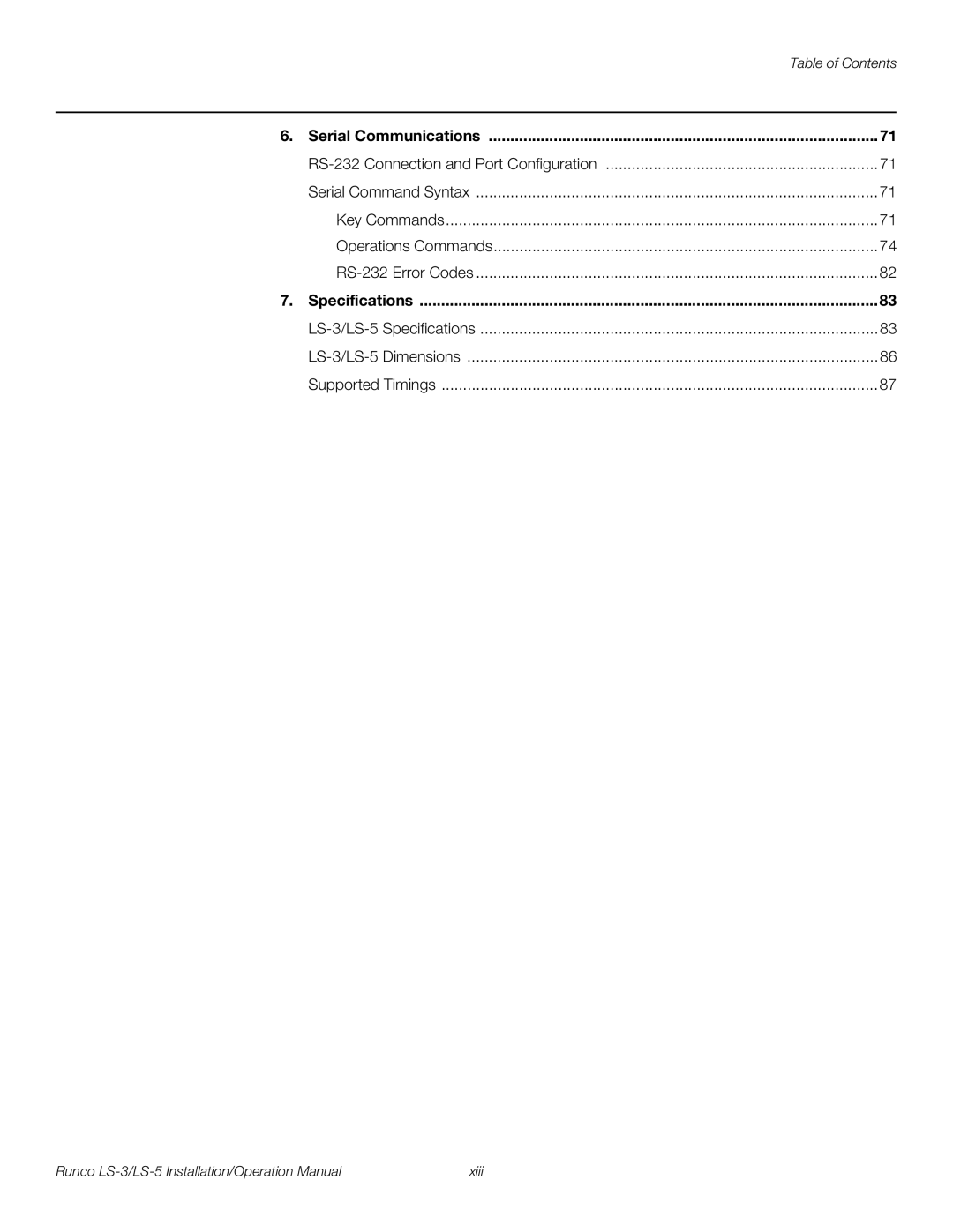 Runco LS-3, LS-5 operation manual Serial Communications, Specifications 