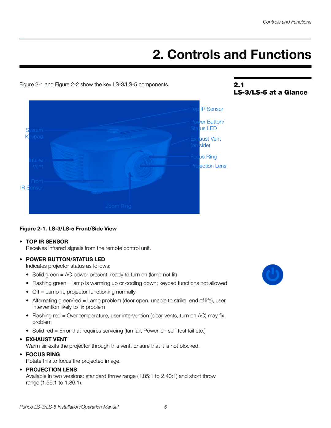 Runco operation manual Controls and Functions, LS-3/LS-5 at a Glance 