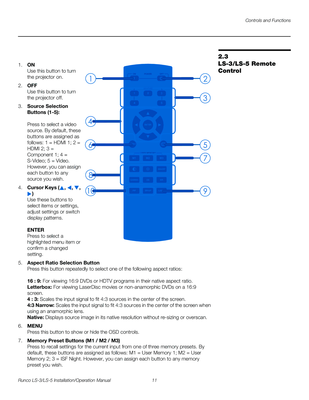 Runco operation manual LS-3/LS-5 Remote Control, Projector on 