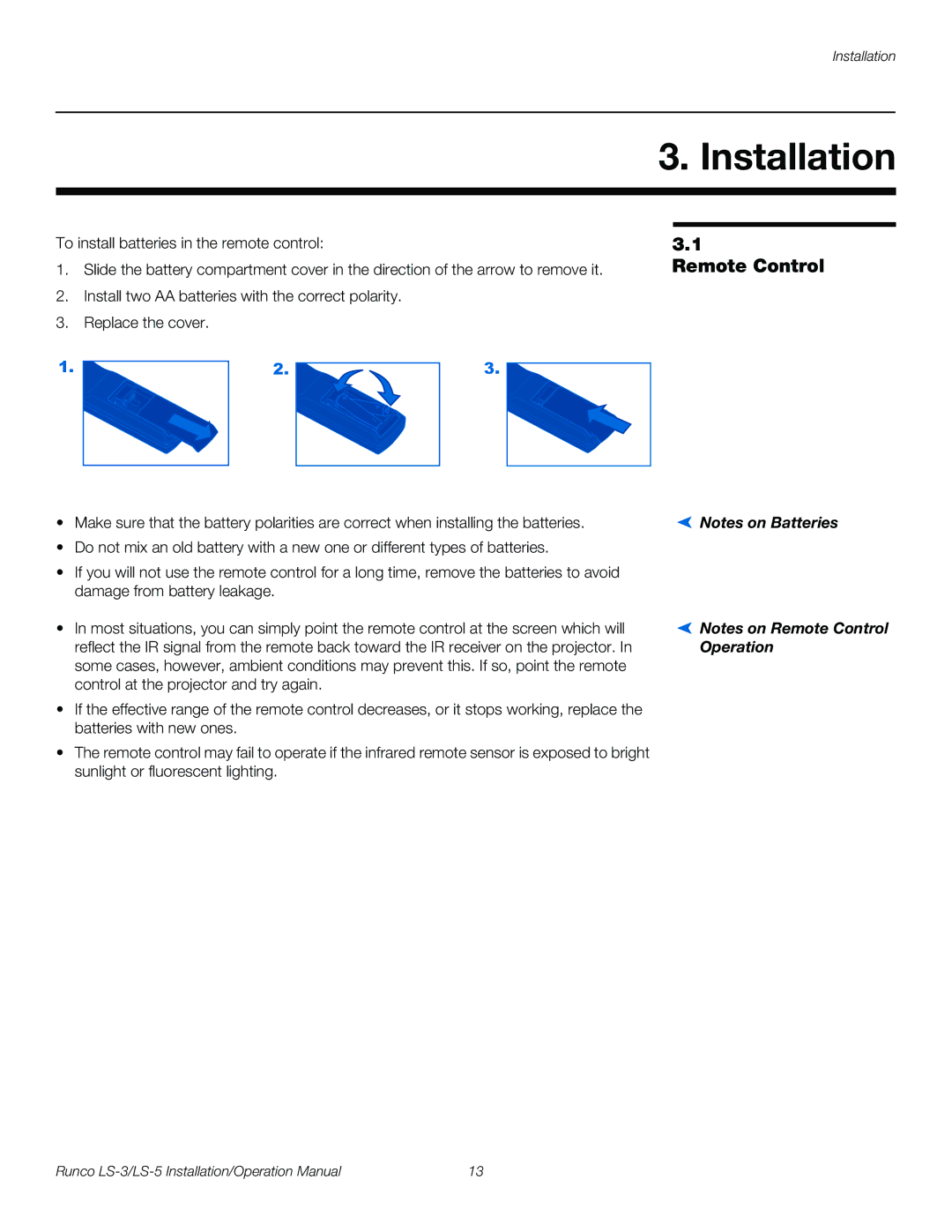 Runco LS-3, LS-5 operation manual Installation, Remote Control, Operation 