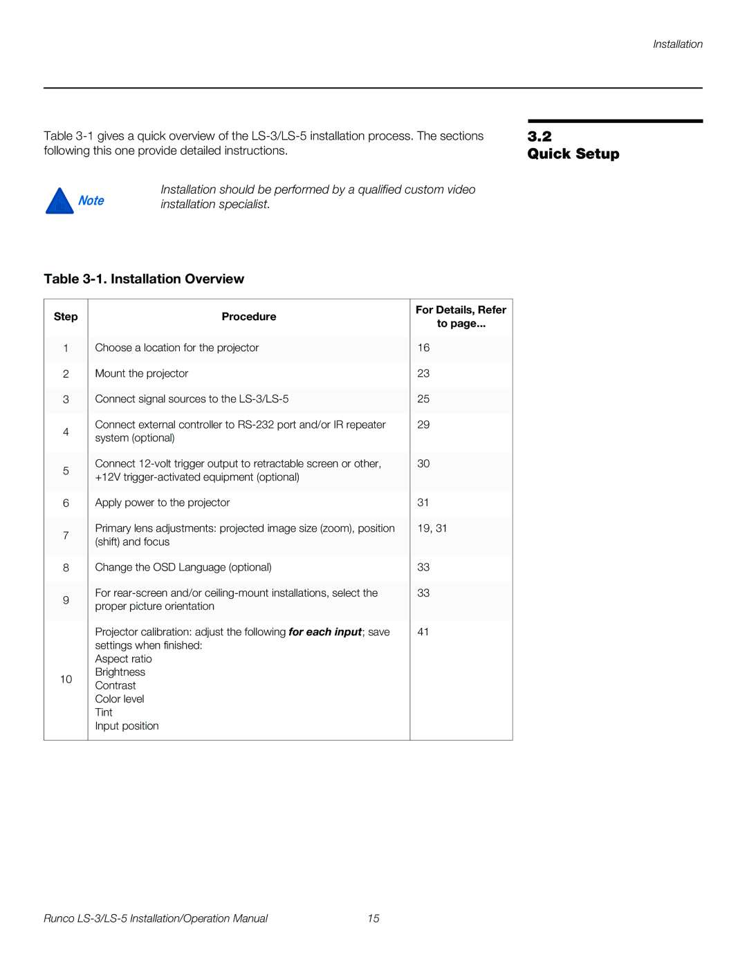 Runco LS-3, LS-5 operation manual Quick Setup, Installation Overview, Step Procedure, For Details, Refer 