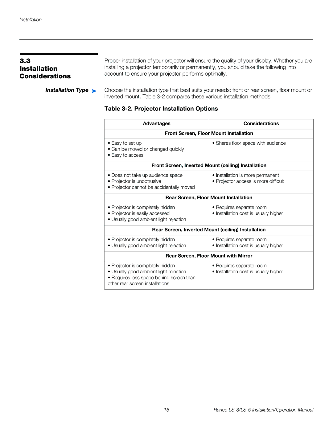 Runco LS-5, LS-3 operation manual Considerations, Projector Installation Options, Installation Type 