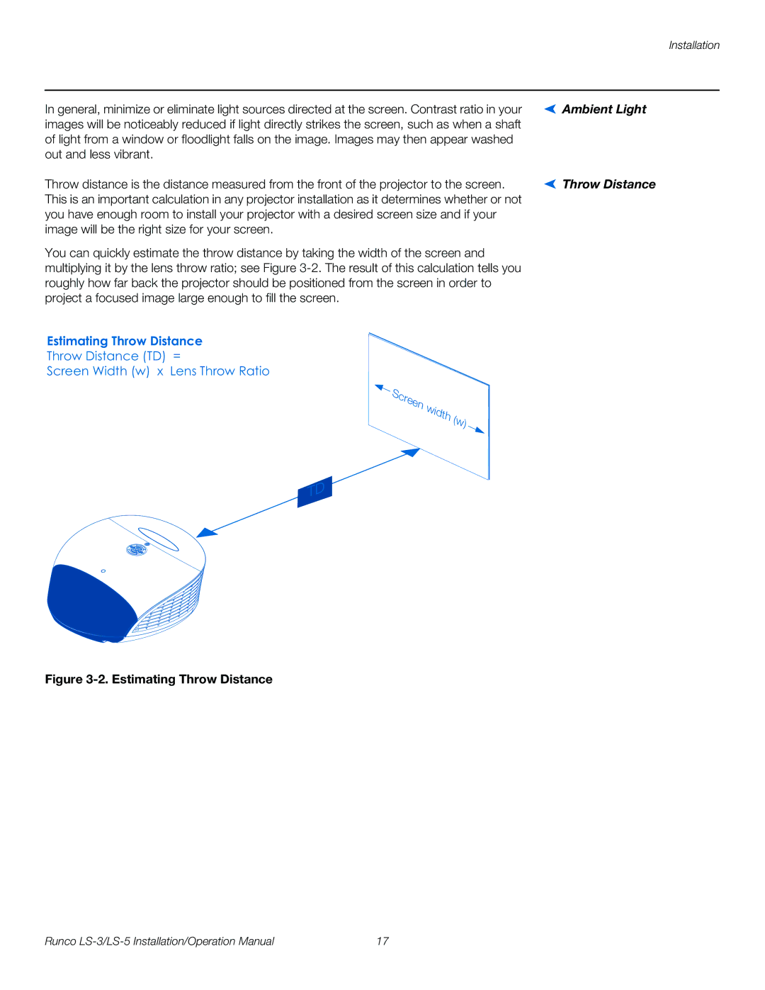 Runco LS-3, LS-5 operation manual Ambient Light, Throw Distance 