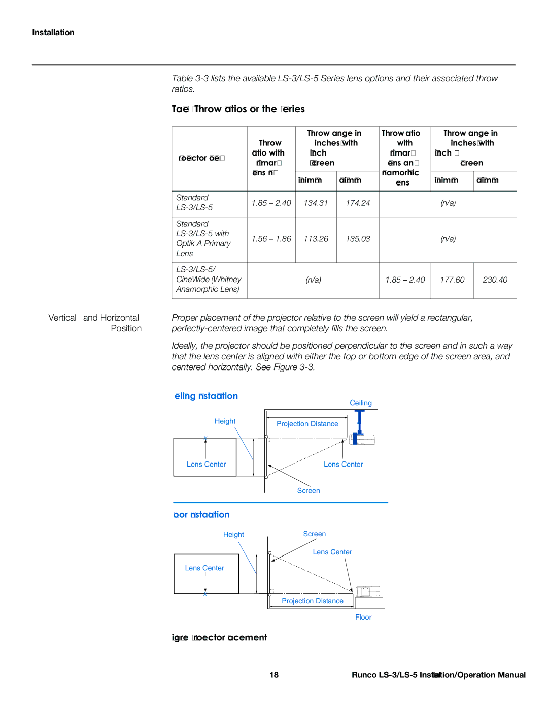 Runco operation manual Throw Ratios for the LS-3/LS-5 Series, Vertical and Horizontal, Position 