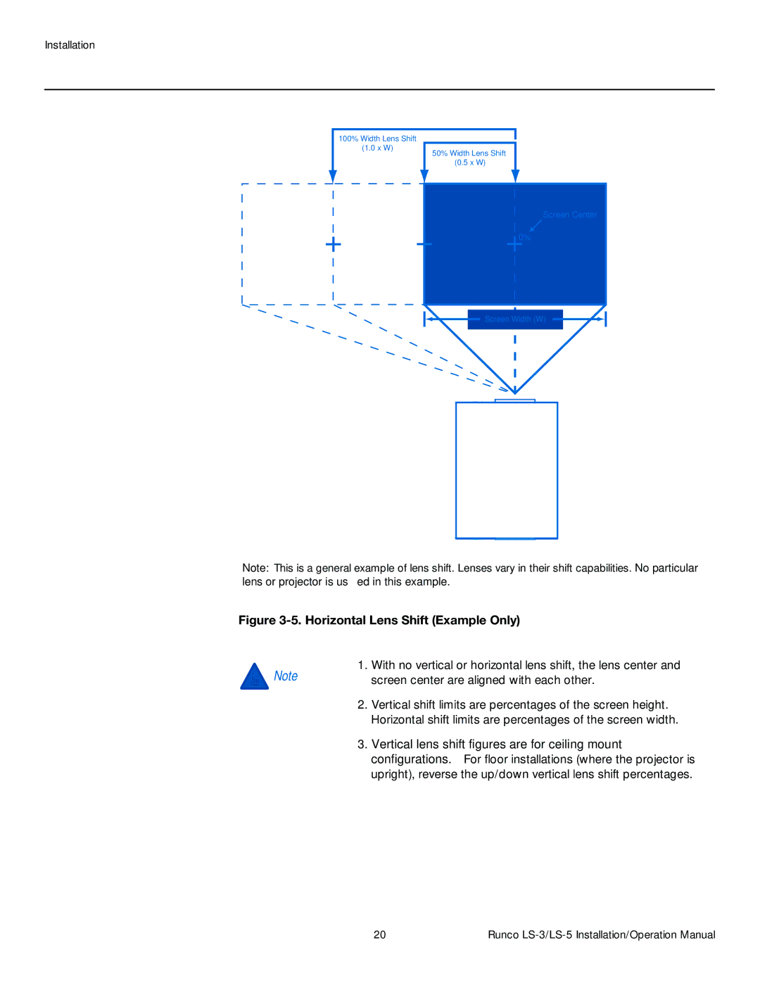 Runco LS-5, LS-3 operation manual Horizontal Lens Shift Example Only 