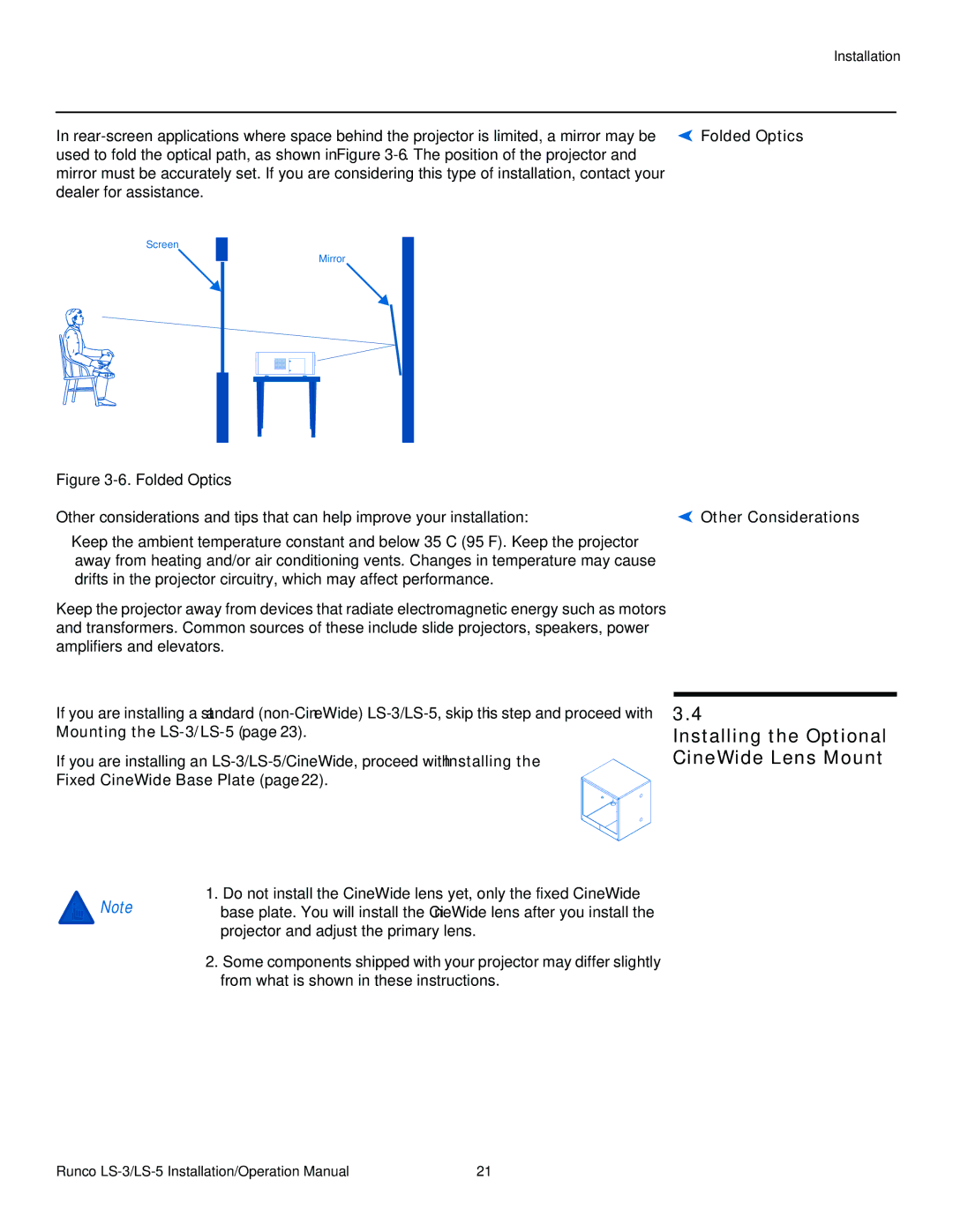 Runco LS-3, LS-5 operation manual Installing the Optional CineWide Lens Mount, Folded Optics, Other Considerations 