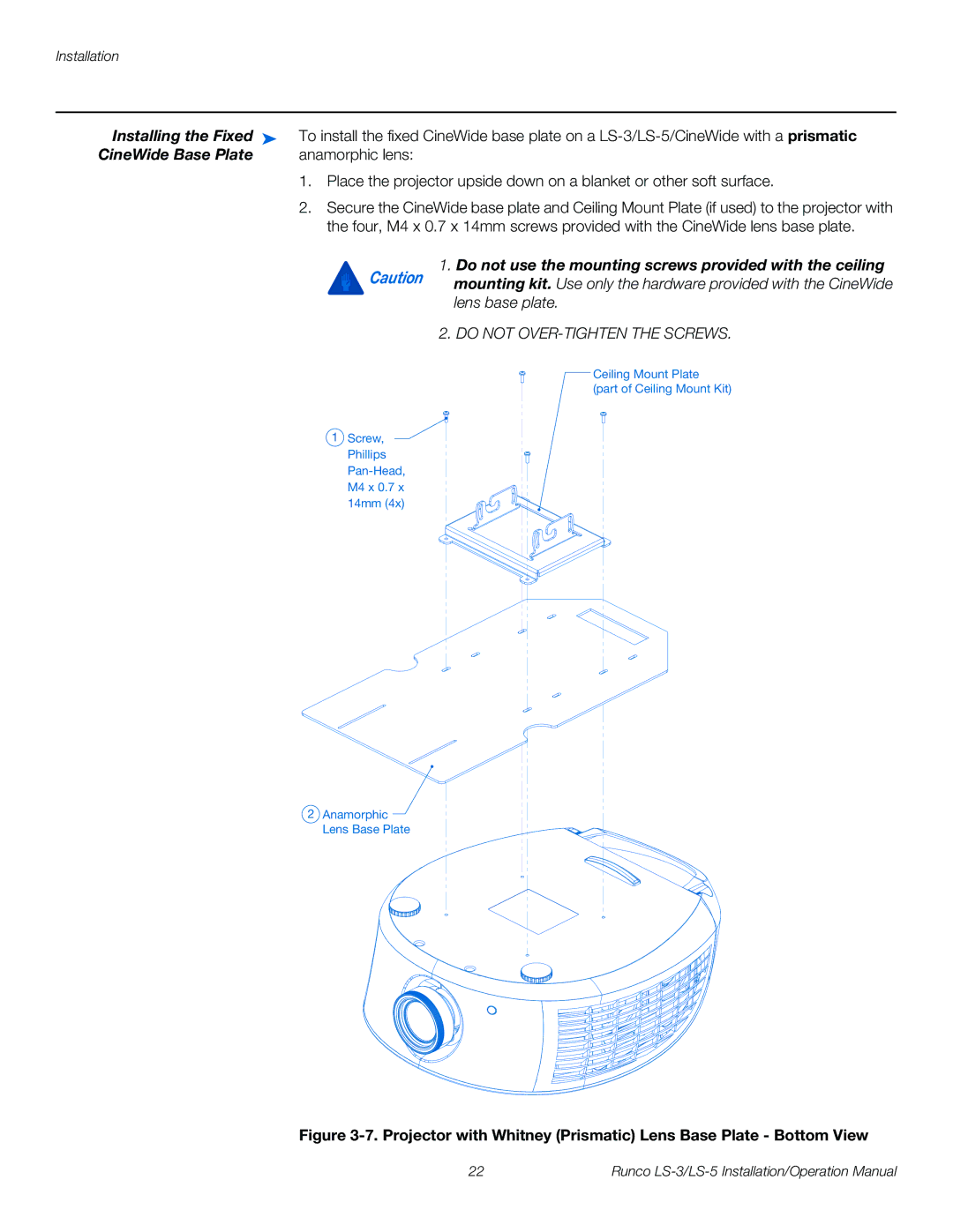 Runco LS-5, LS-3 Installing the Fixed, CineWide Base Plate, Do not use the mounting screws provided with the ceiling 