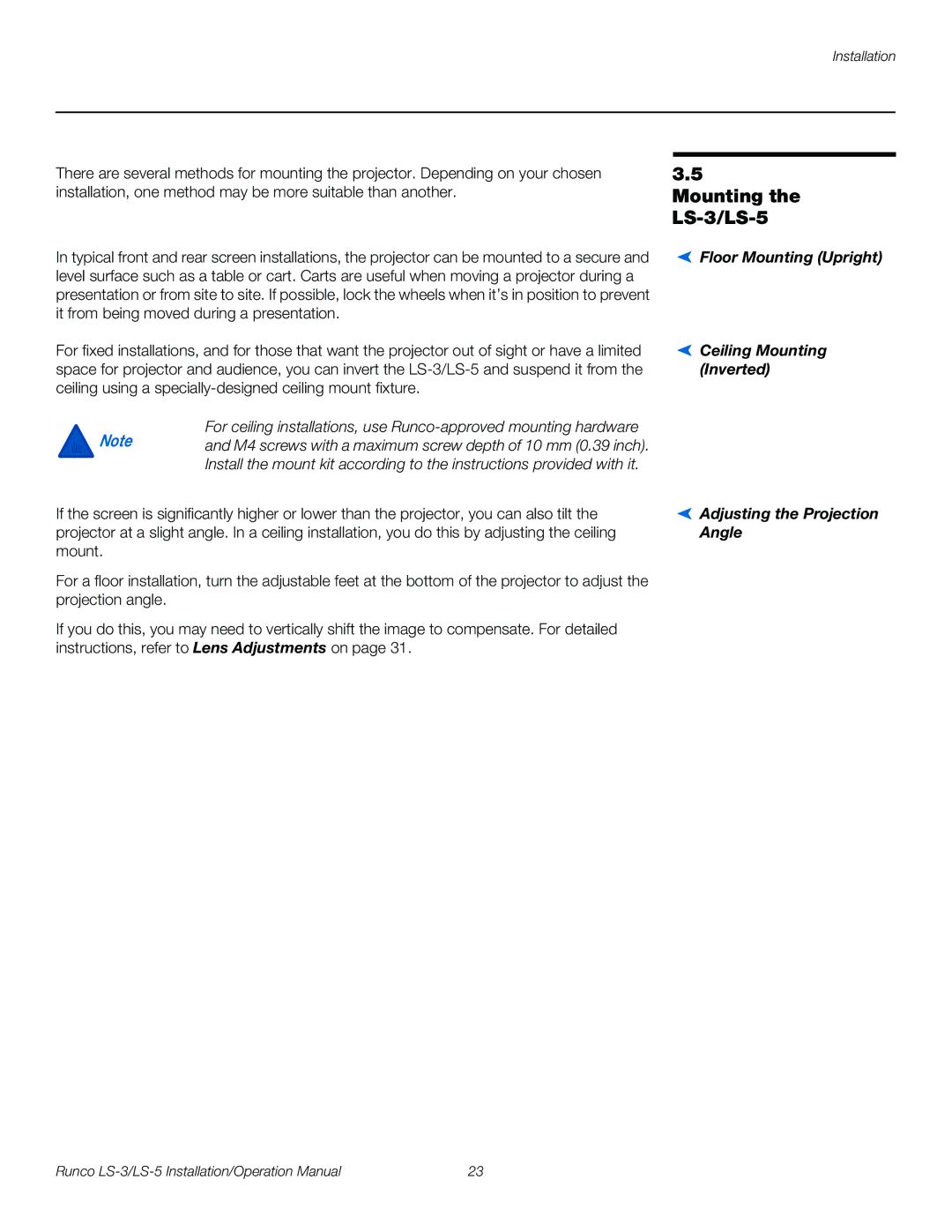 Runco operation manual Mounting the LS-3/LS-5 