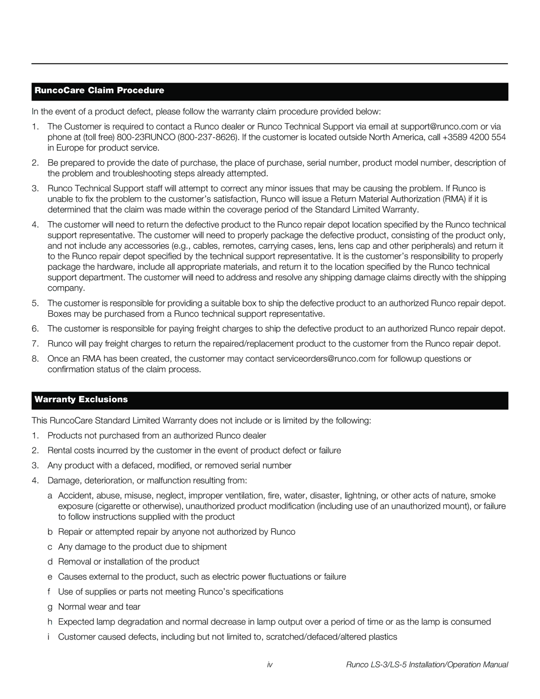 Runco LS-5, LS-3 operation manual RuncoCare Claim Procedure 