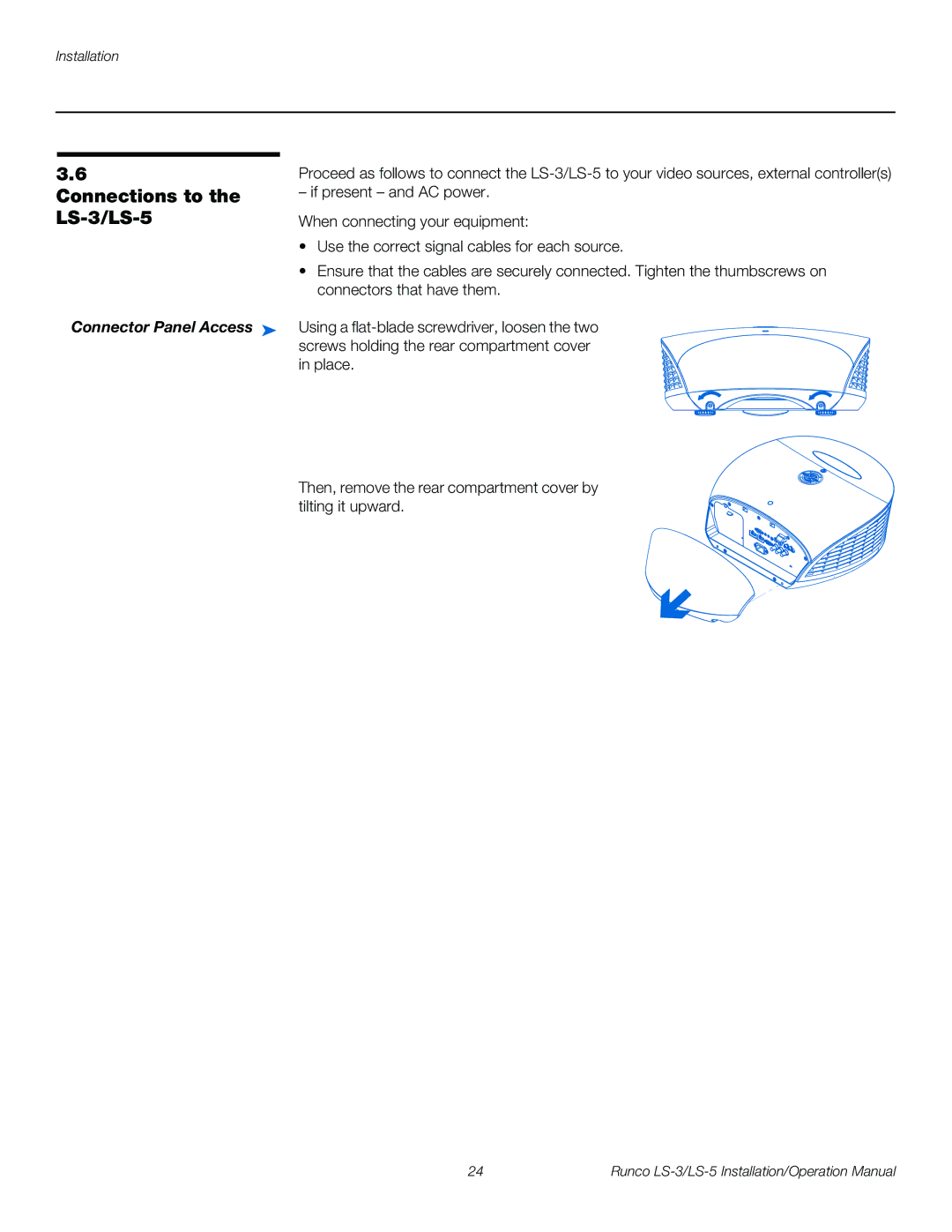 Runco operation manual Connections to, LS-3/LS-5, Connector Panel Access 