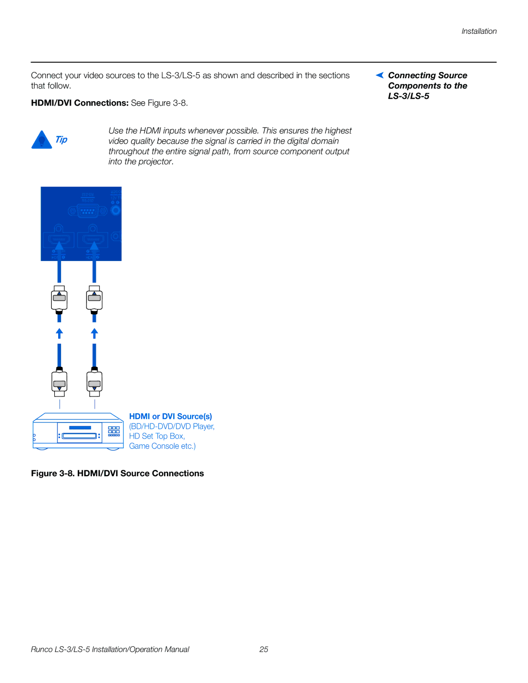 Runco operation manual HDMI/DVI Connections See Figure, Connecting Source Components to the LS-3/LS-5 