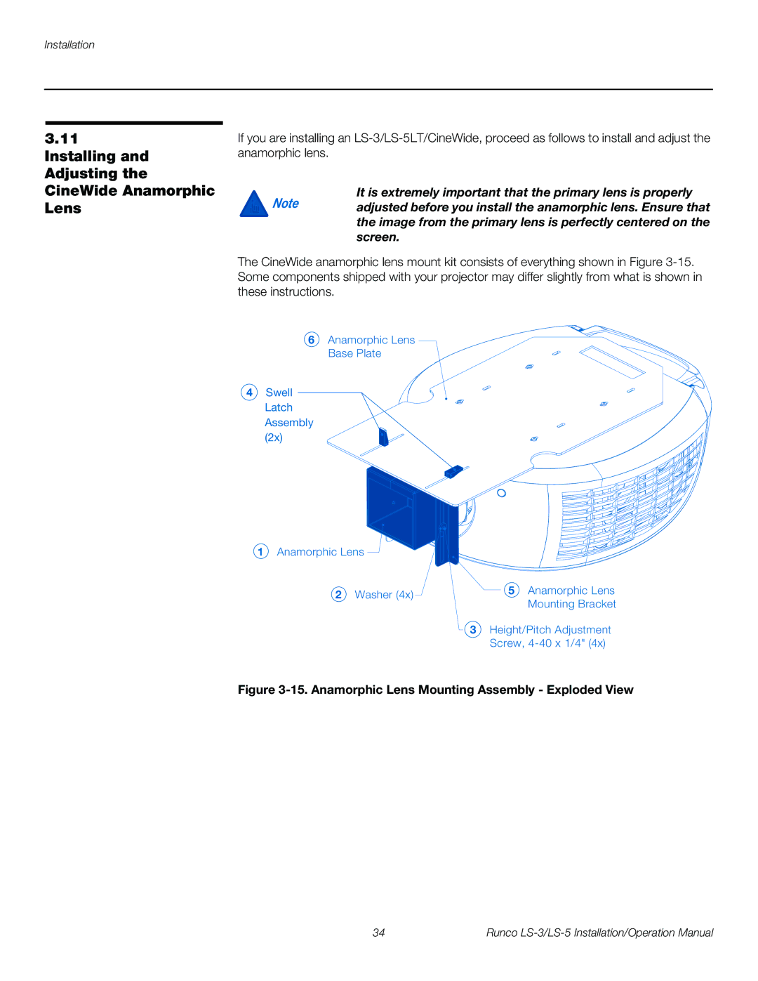 Runco LS-5, LS-3 operation manual Installing and Adjusting the CineWide Anamorphic Lens 