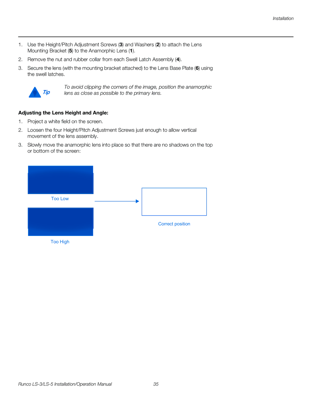 Runco LS-3, LS-5 operation manual Adjusting the Lens Height and Angle 