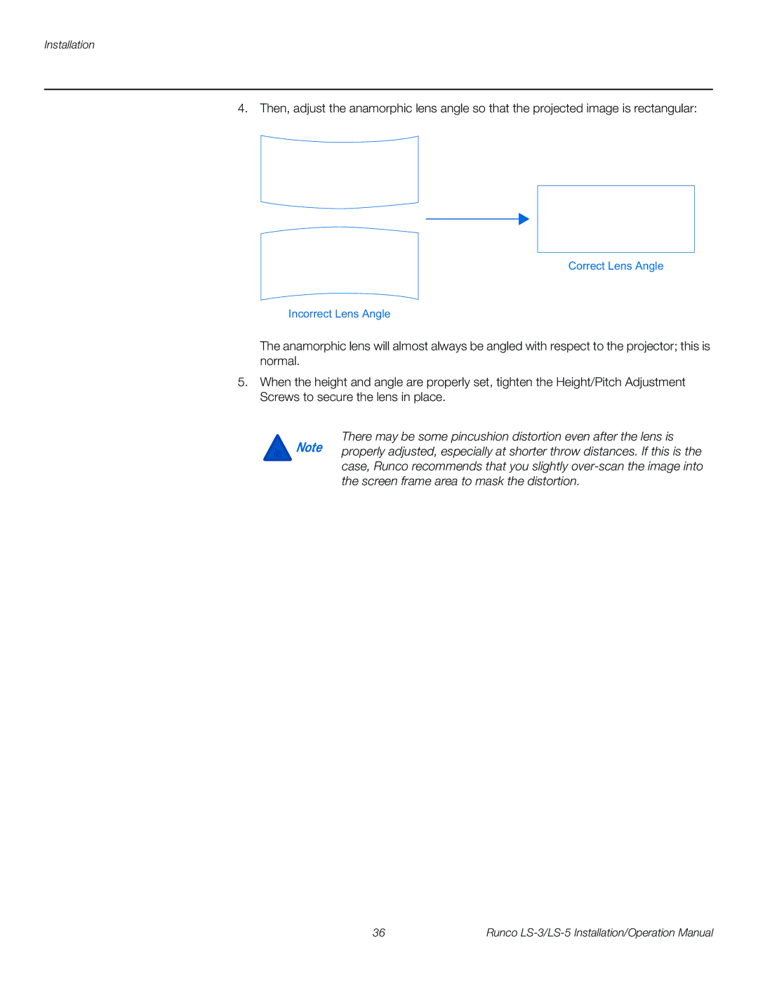 Runco LS-5, LS-3 operation manual Correct Lens Angle Incorrect Lens Angle 