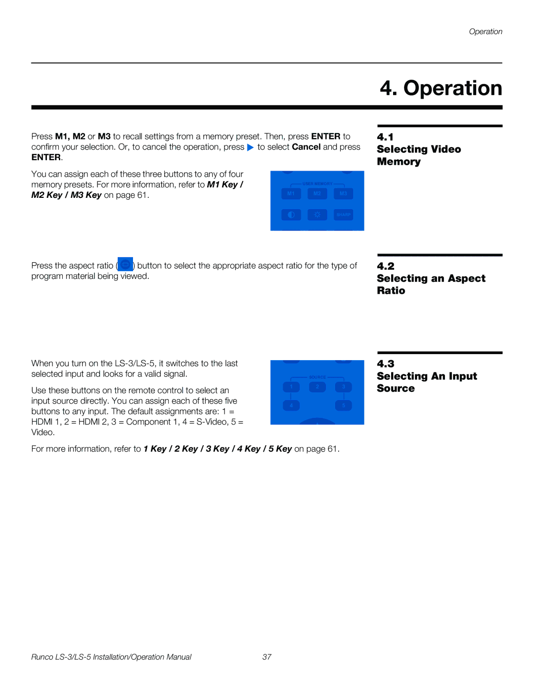 Runco LS-3 Operation, Selecting Video Memory, Selecting an Aspect Ratio, Selecting An Input Source, M2 Key / M3 Key on 