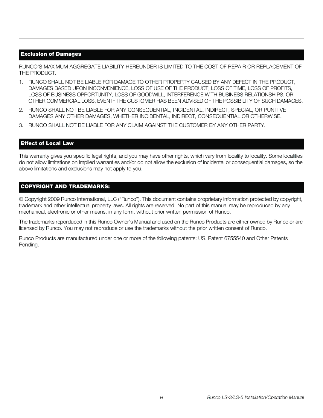 Runco LS-5, LS-3 operation manual Copyright and Trademarks 