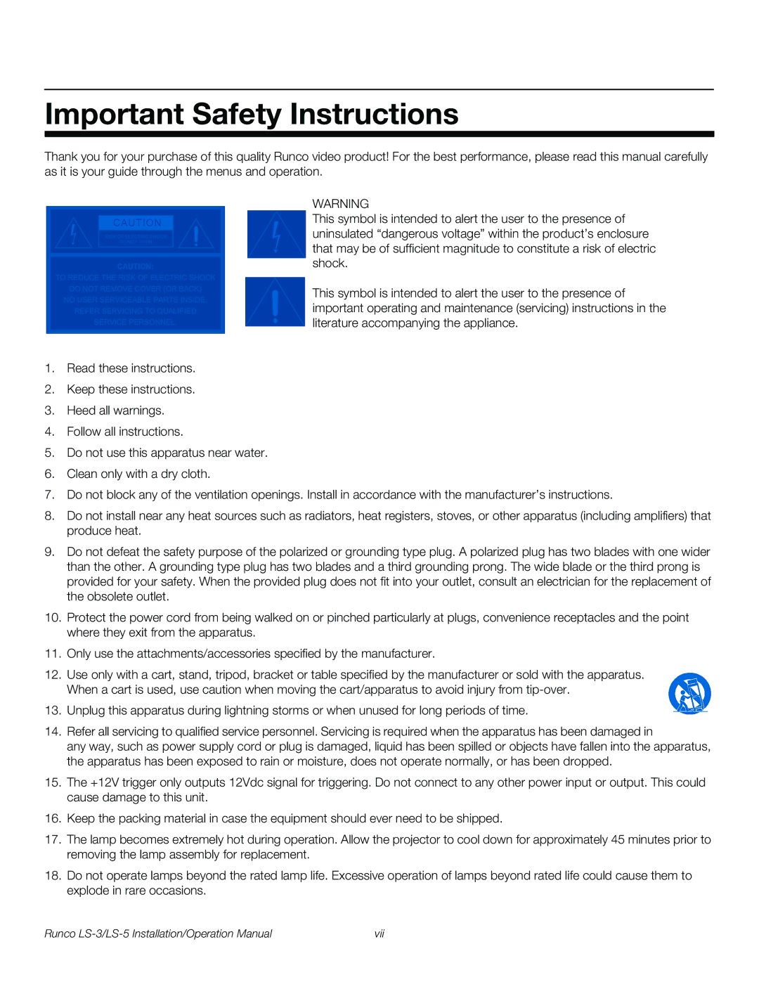 Runco LS-3, LS-5 operation manual Important Safety Instructions 