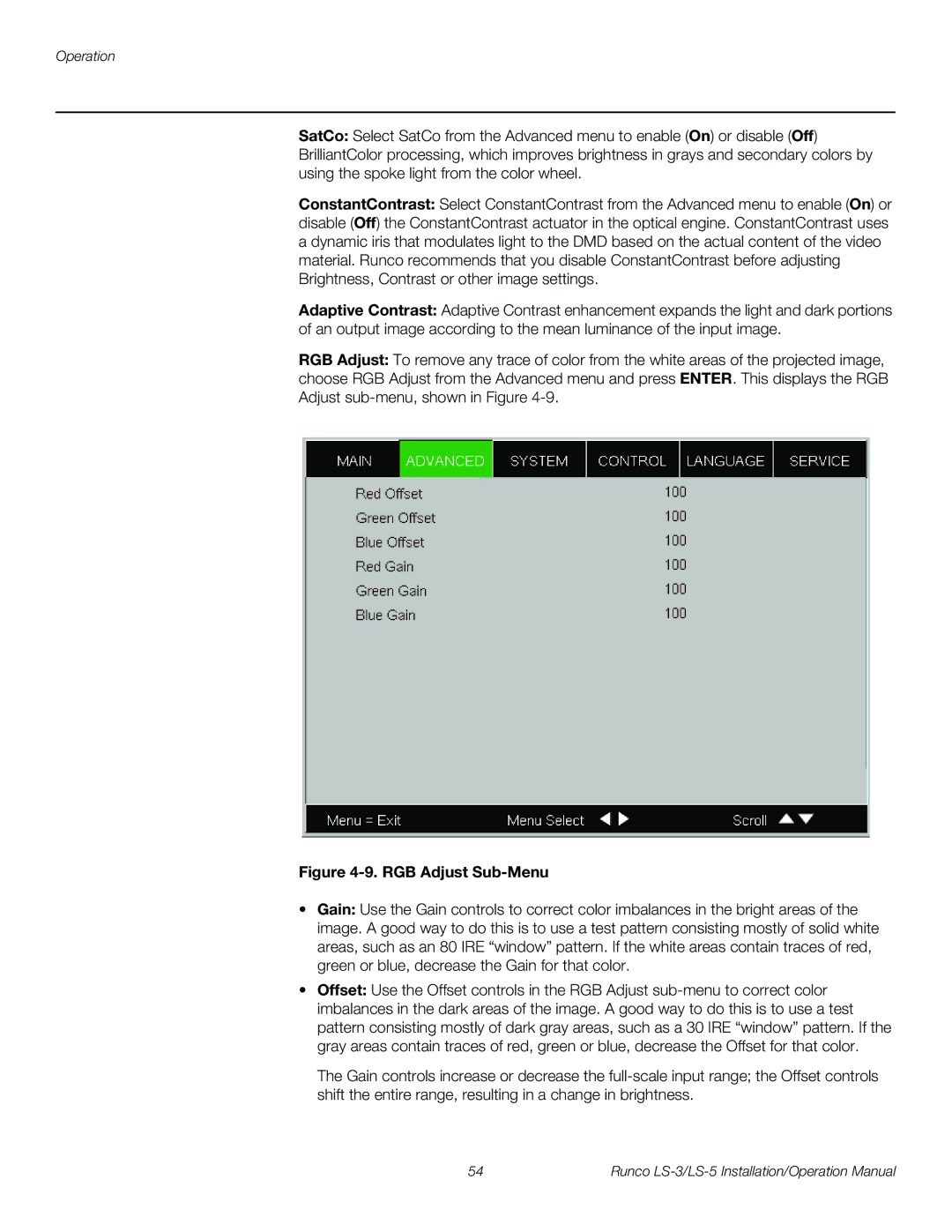 Runco LS-5, LS-3 operation manual RGB Adjust Sub-Menu 