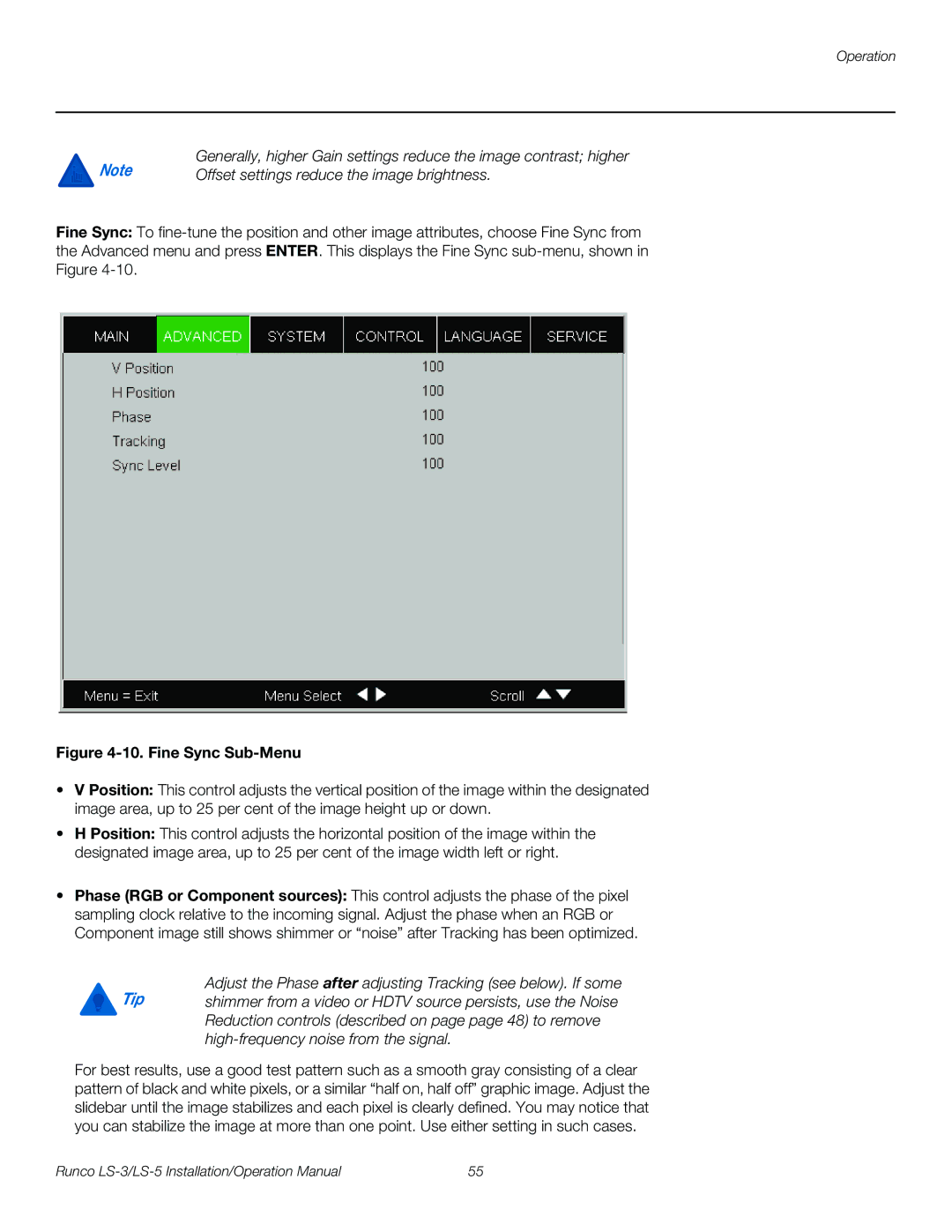 Runco LS-3, LS-5 operation manual Fine Sync Sub-Menu 