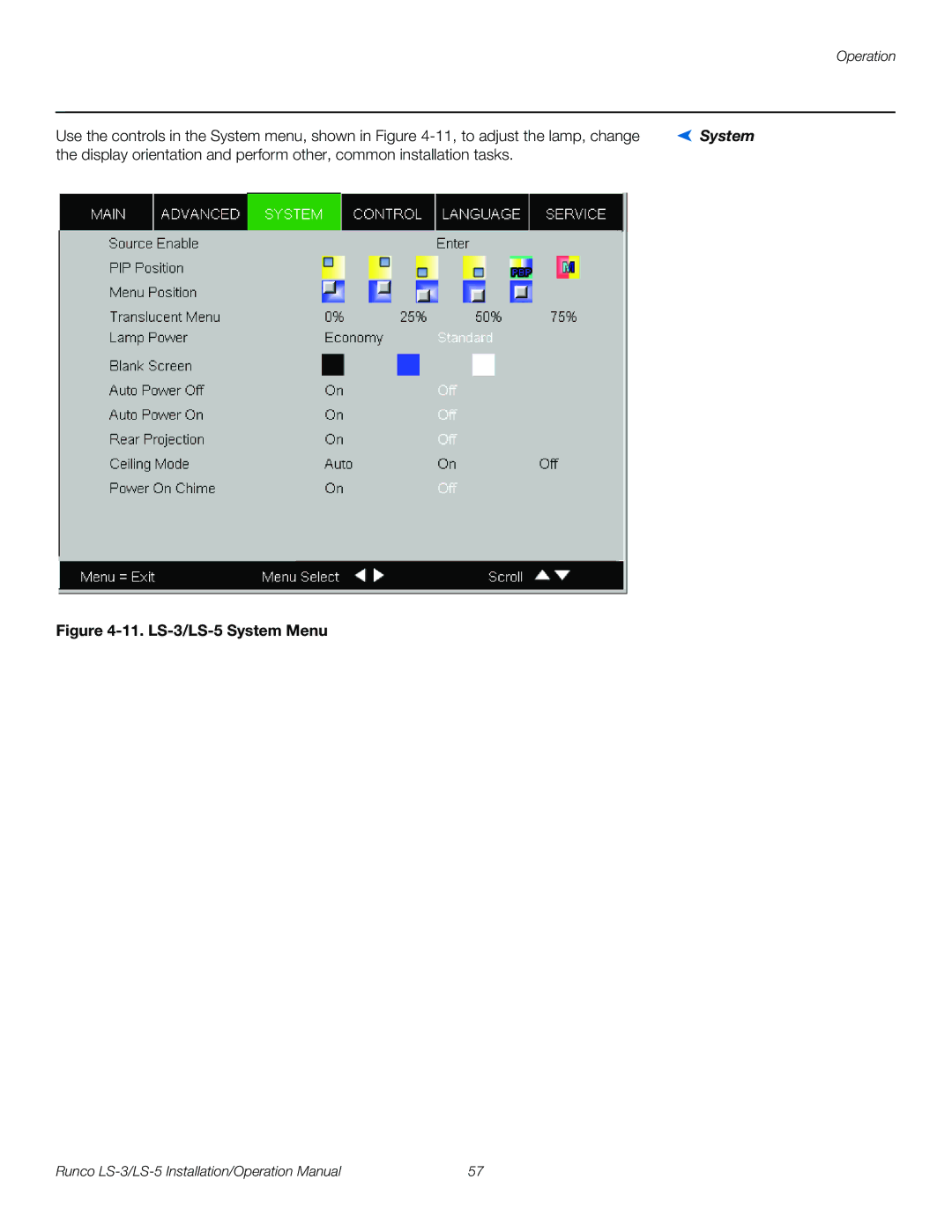 Runco operation manual LS-3/LS-5 System Menu 