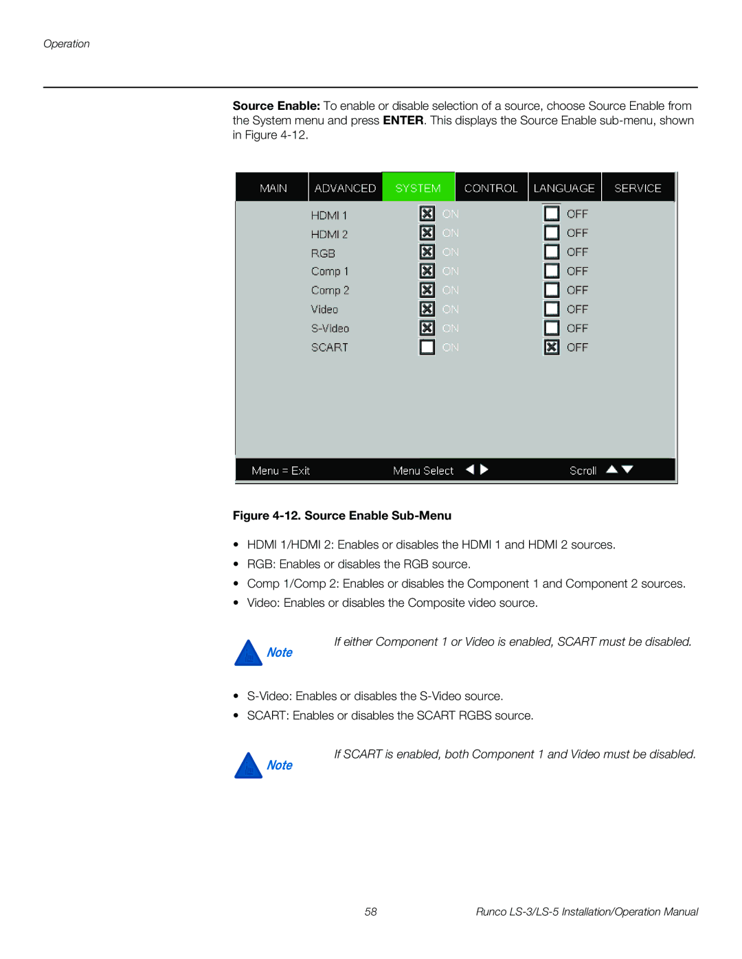 Runco LS-5, LS-3 operation manual Source Enable Sub-Menu 