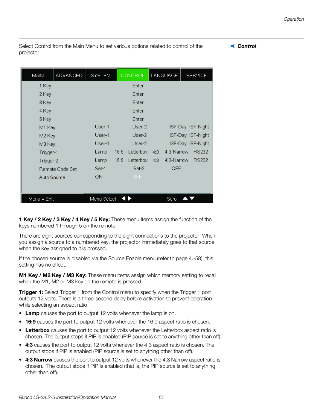 Runco LS-3, LS-5 operation manual Control 