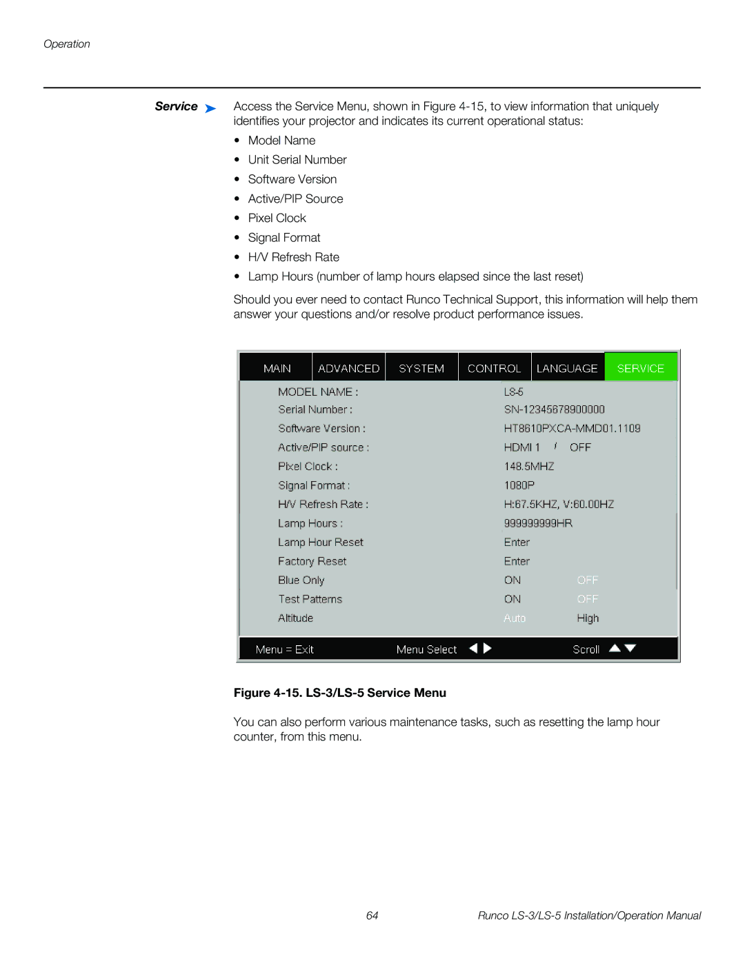 Runco operation manual LS-3/LS-5 Service Menu 