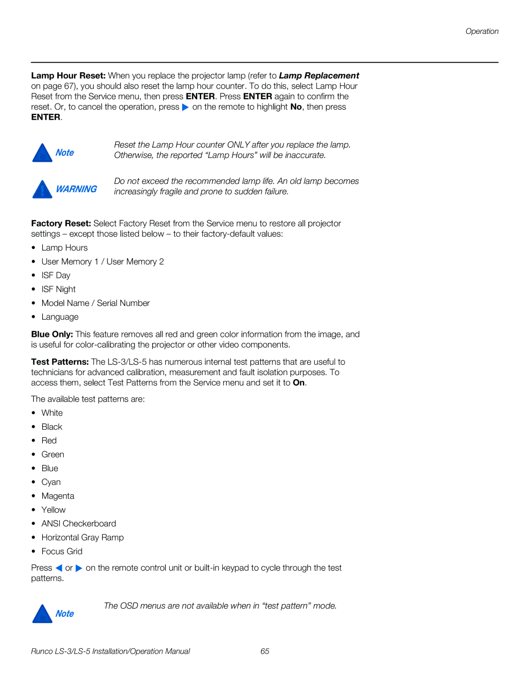Runco LS-3, LS-5 operation manual OSD menus are not available when in test pattern mode 