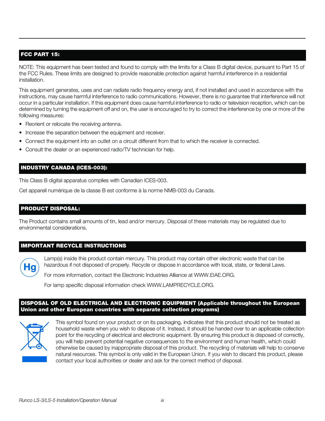 Runco LS-3, LS-5 operation manual FCC Part 